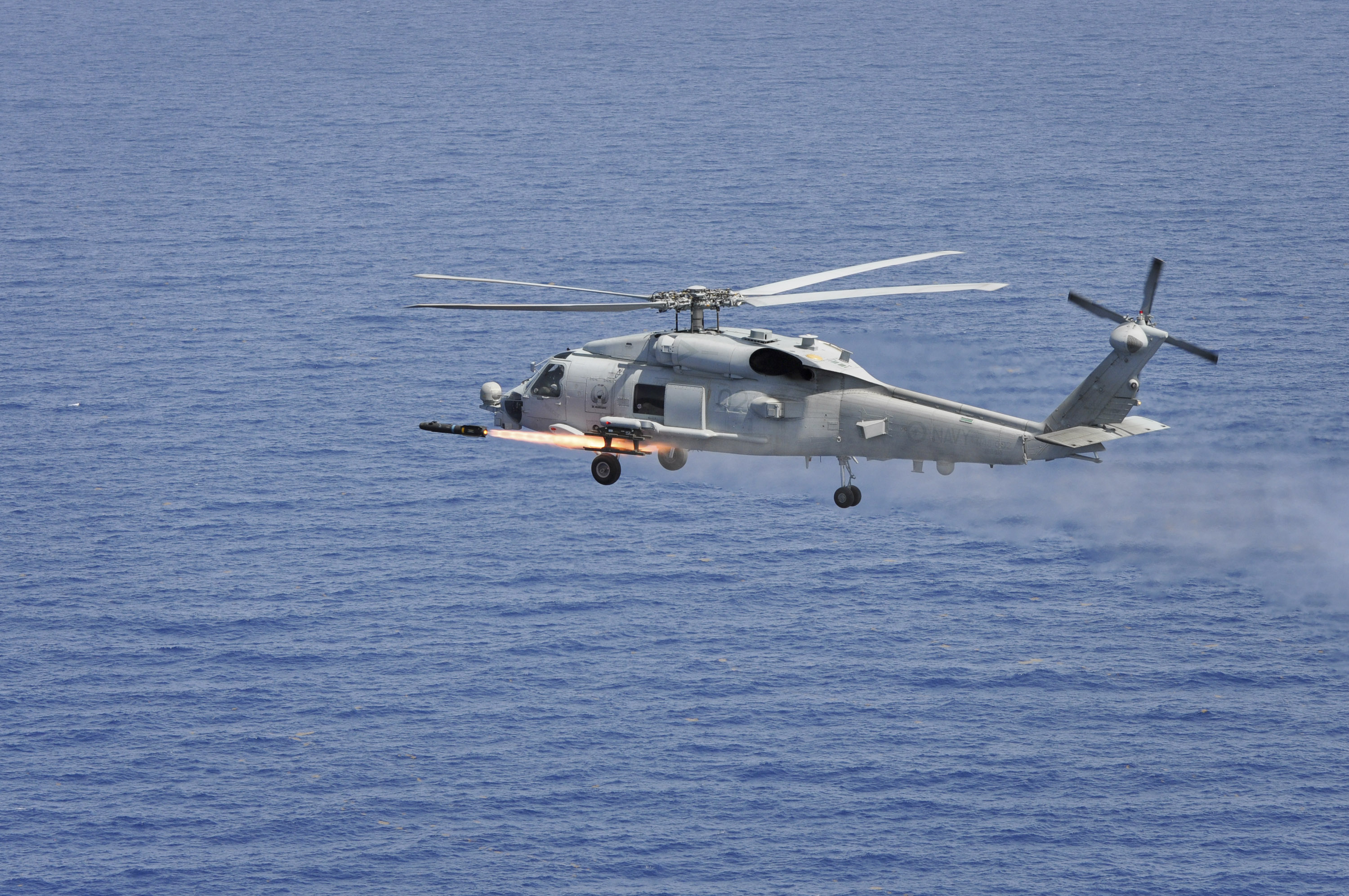 A Royal Australian Navy MH-60R from 725 Squadron launches a Hellfire missile in Florida, United States. Photo / Australian Defence Force