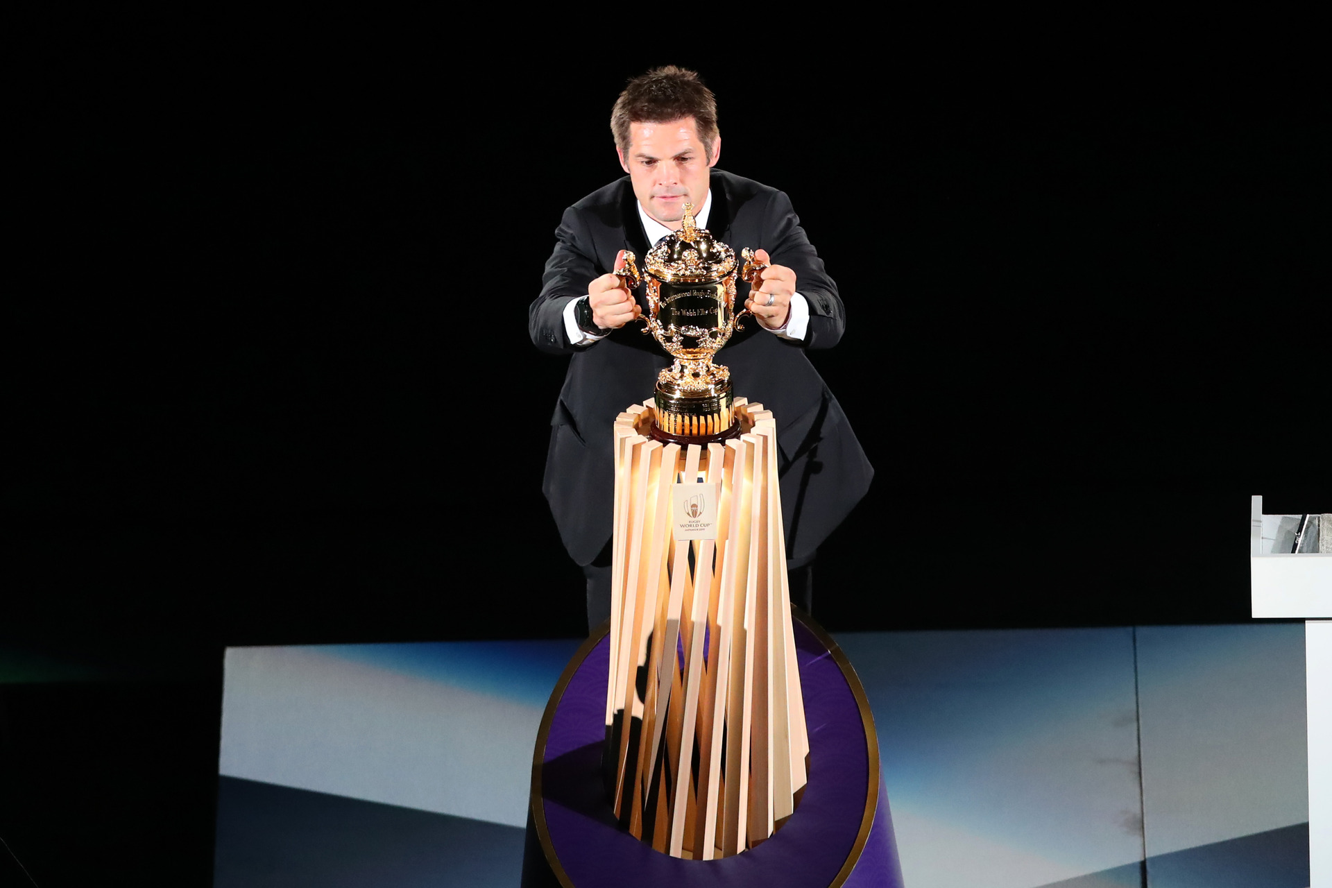 Richie McCaw lifts the Webb Ellis trophy at the opening ceremony of the 2019 Rugby World Cup. Photo / Getty Images 
