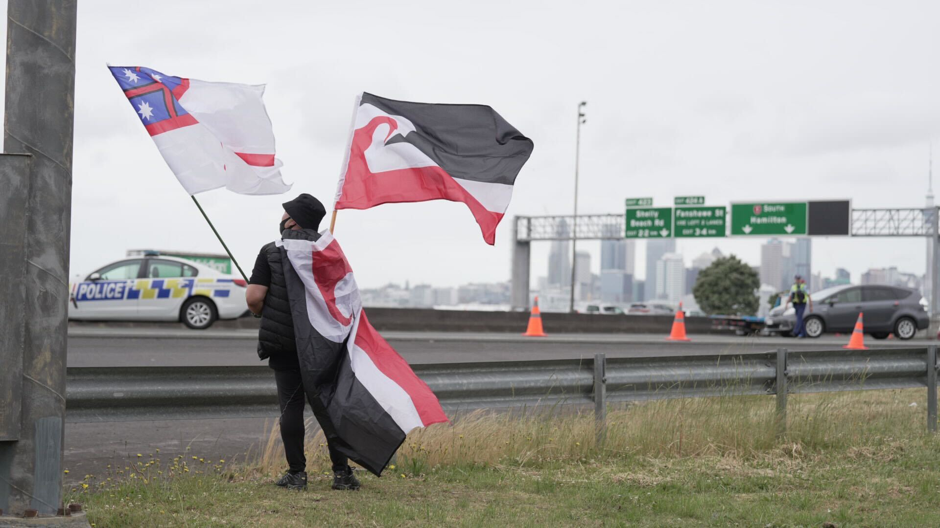 Police say 5000 people marched across the Auckland Harbour Bridge yesterday as part of the protest. Photo / Carson Bluck