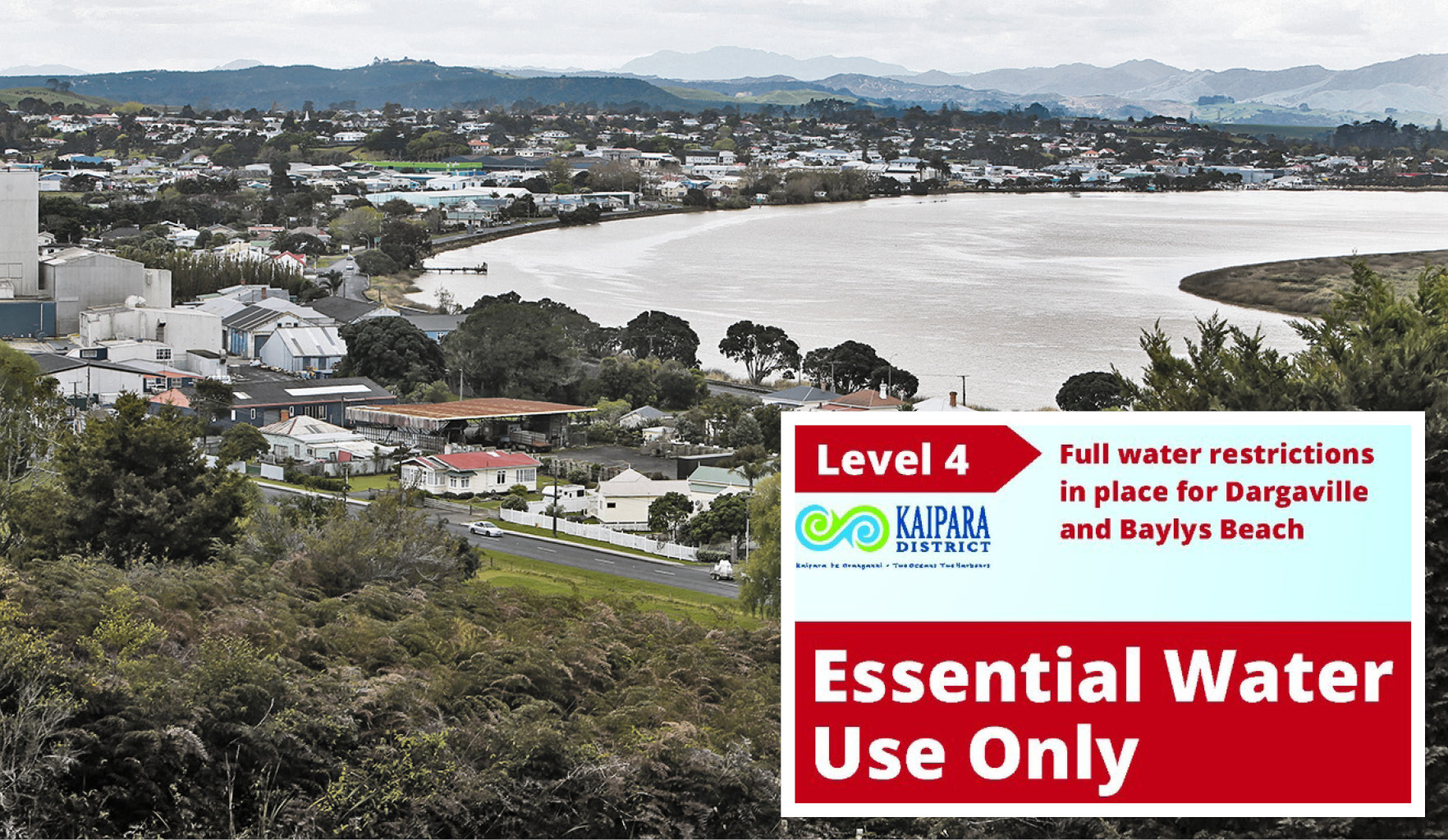 The town of Dargaville, along with nearby Baylys Beach, can only use water for essentials. Photo / NZME