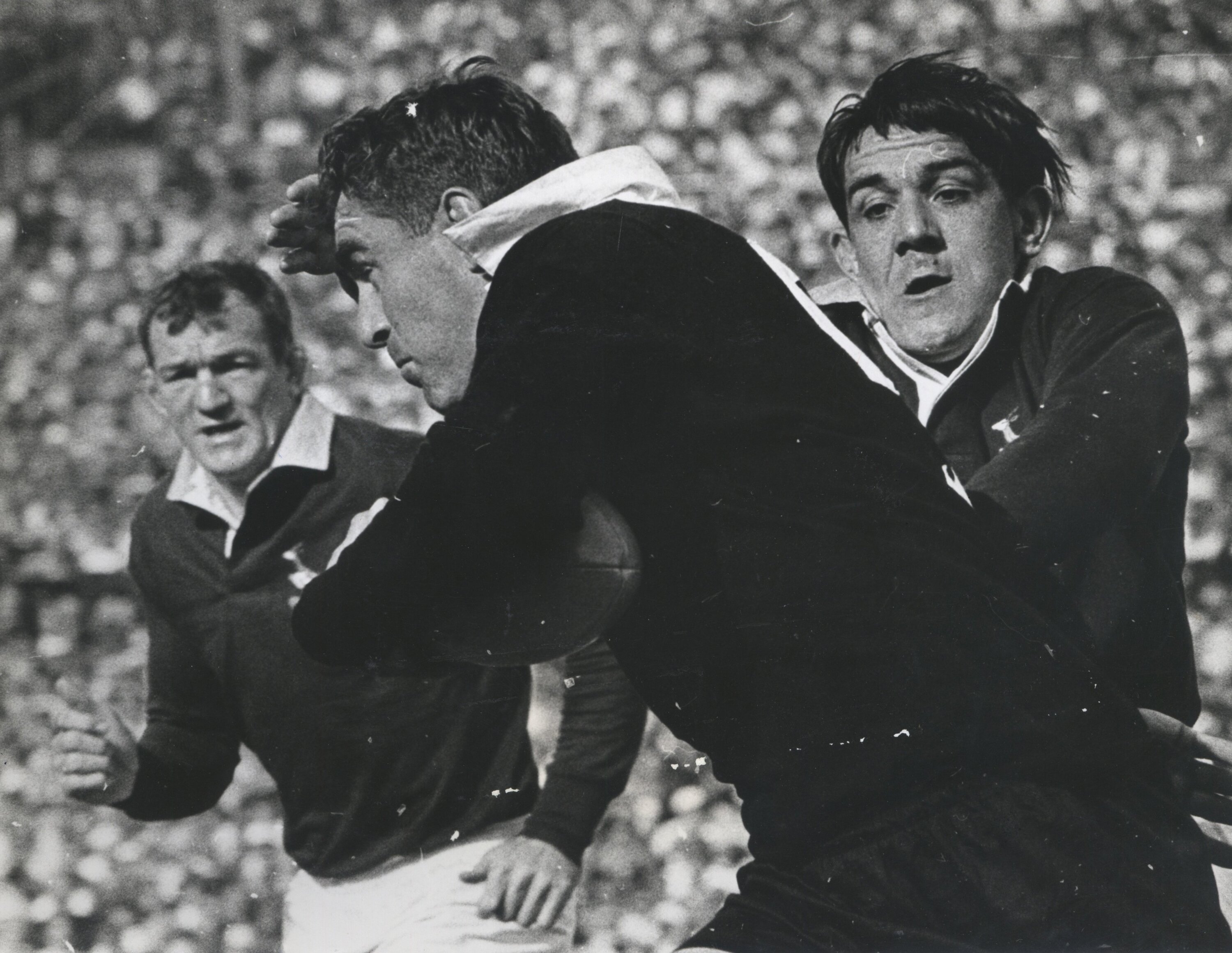 Sir Colin Meads makes a run shadowed by Springboks J. Nel (left) and F. Du Preez in 1970. Photo / NZME
