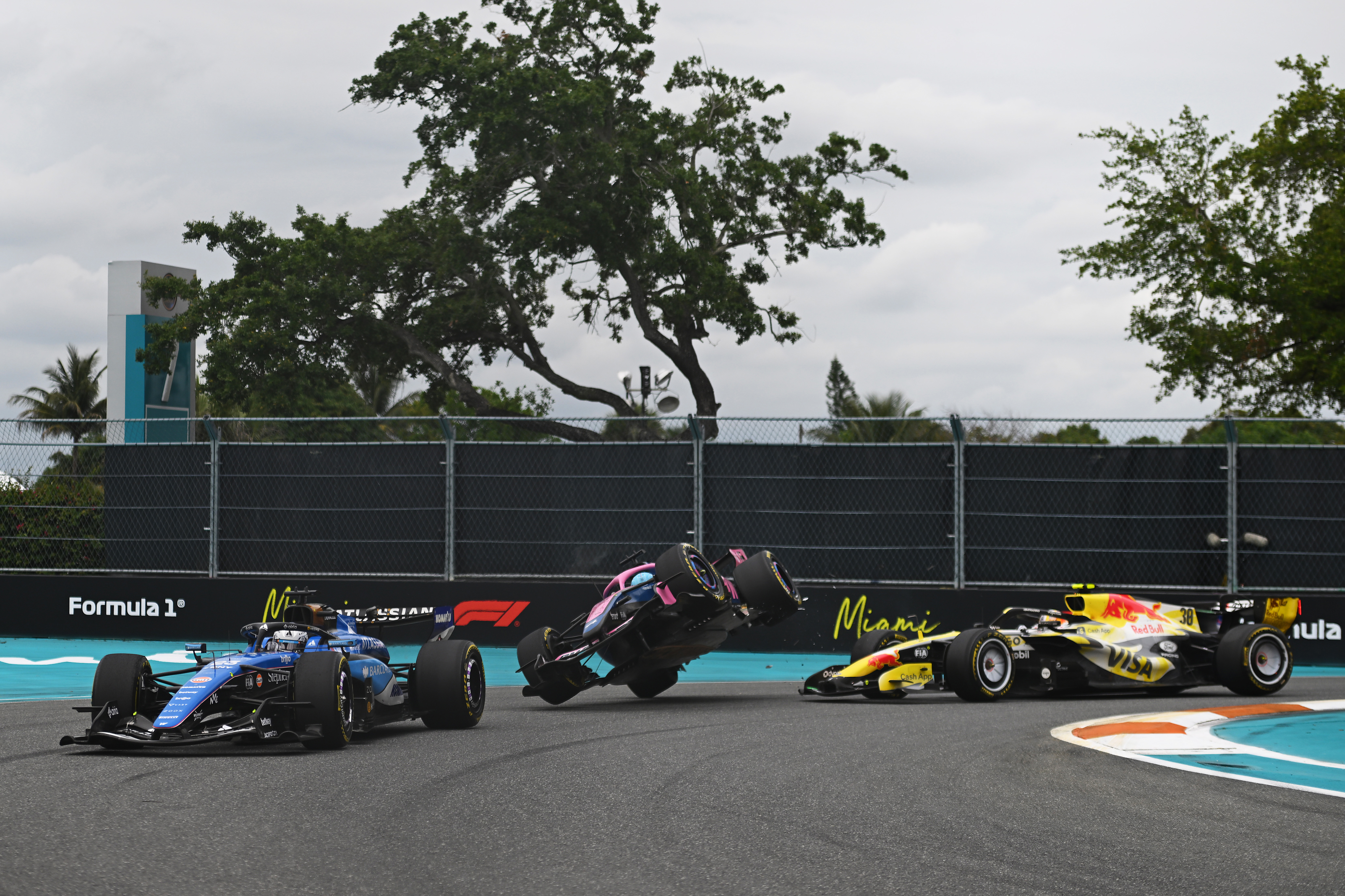 Alpine driver Pierre Gasly heads towards the wall after colliding with Liam Lawson during the Miami Grand Prix. Photo / Getty Images