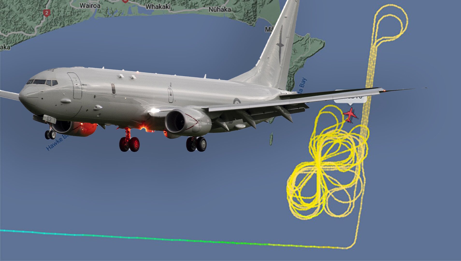 Flight Radar track of a Royal New Zealand Air Force Poseidon P-8A plane (inset) searching for three fishermen missing off the coast of the East Coast.
