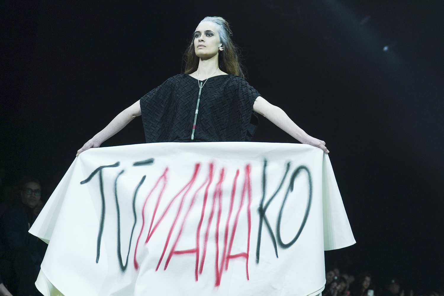 A message of hope at Kiri Nathan’s opening show for New Zealand Fashion Week: Kahuria. Photo / WireImage