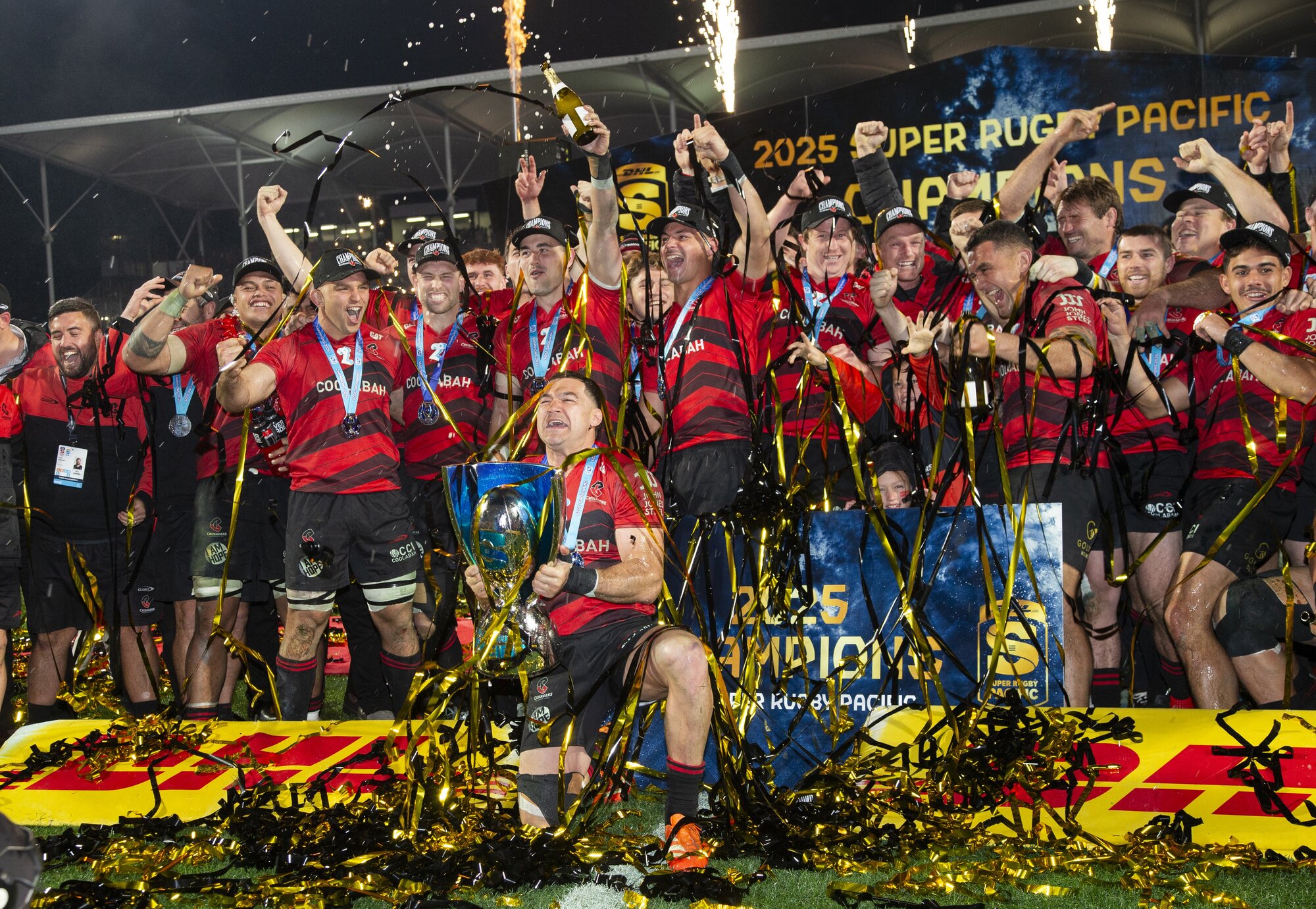 Crusaders captain David Havili leads his team in celebration after winning the Super Rugby Pacific title in 2025. Photo / SmartFrame