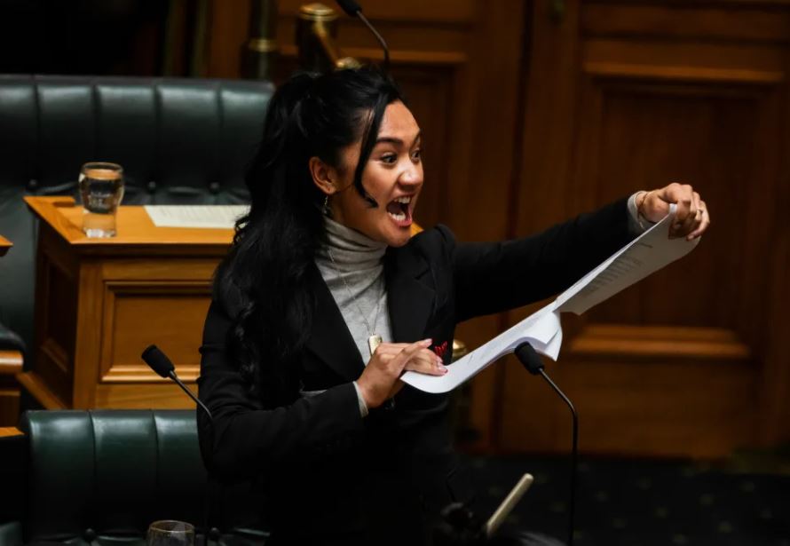Te Pāti Māori MP Hana-Rawhiti Maipi-Clarke rips up the Treaty Principles Bill. Photo / RNZ / Samuel Rillstone