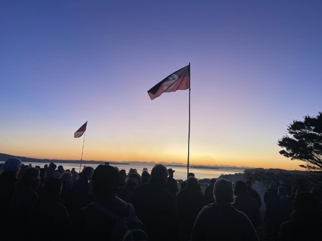 Hundreds gathered this morning on Bastion Point to mark the 45th anniversary of a black day in Aotearoa history. Photo / Supplied