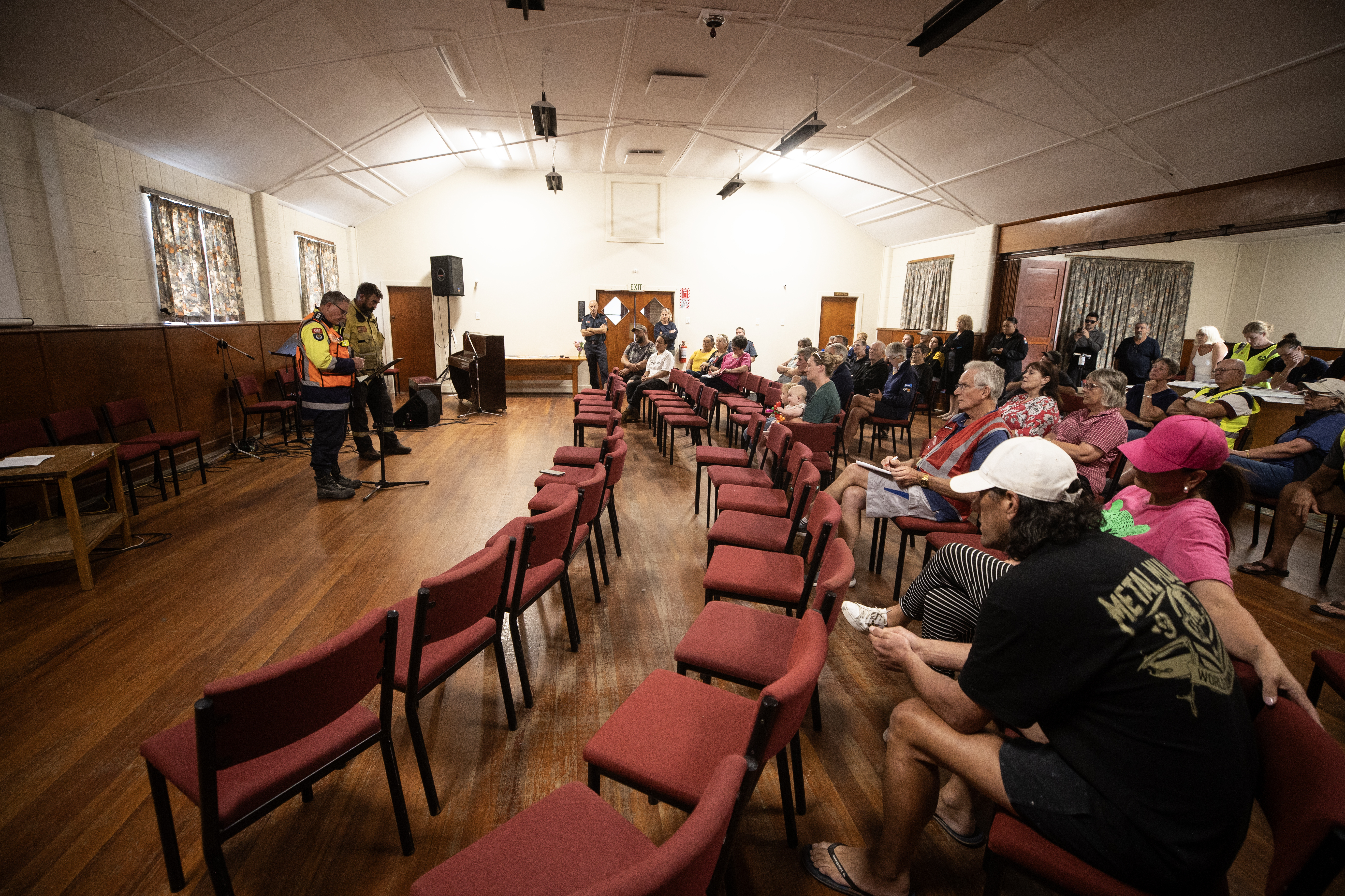 A community meeting for evacuated residents at the Waipara Community Hall. Photo / George Heard.