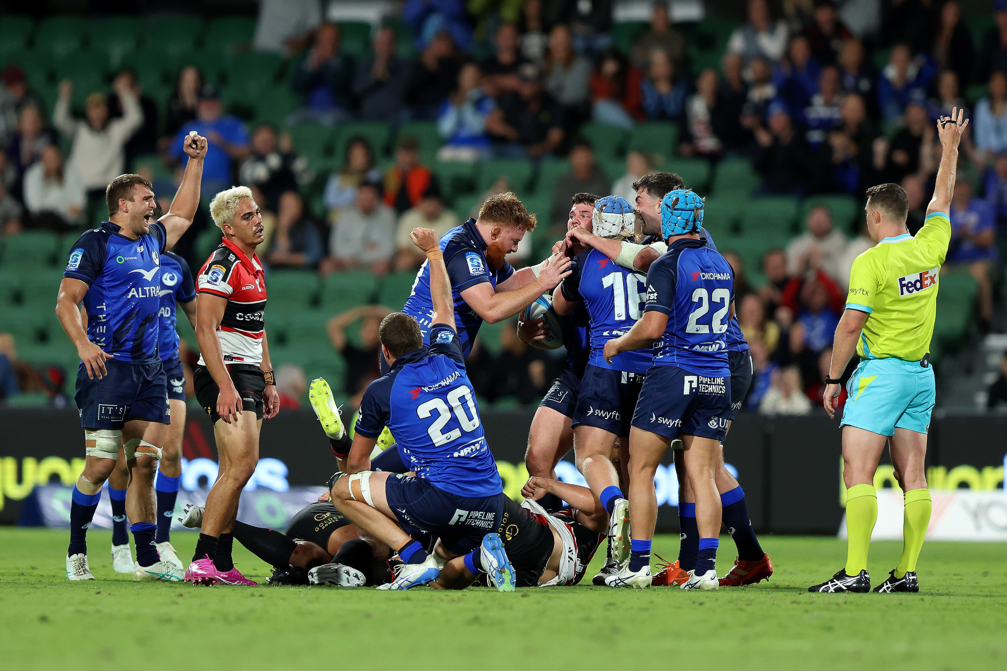 The Force celebrate the win during the round 10 Super Rugby match between Western Force and Crusaders. Photo / Getty Images