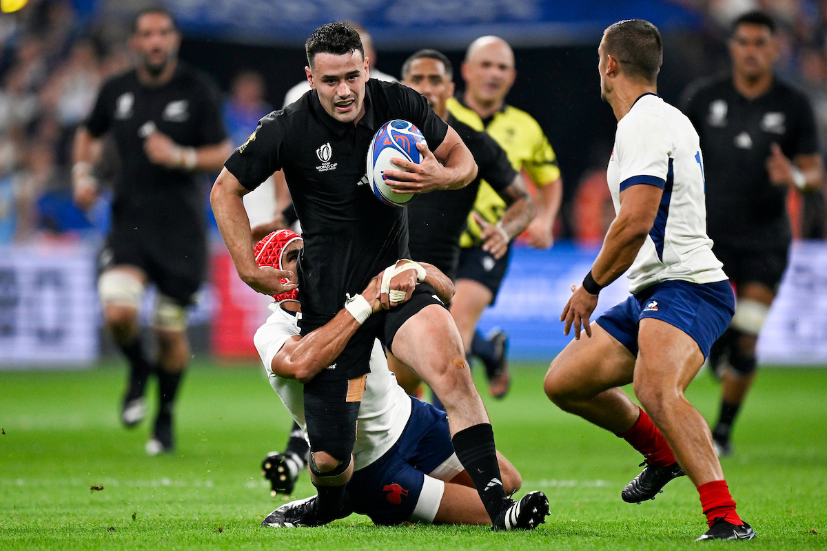 Will Jordan of the All Blacks in action during the 2023 Rugby World Cup opener against France. Photo / Photosport