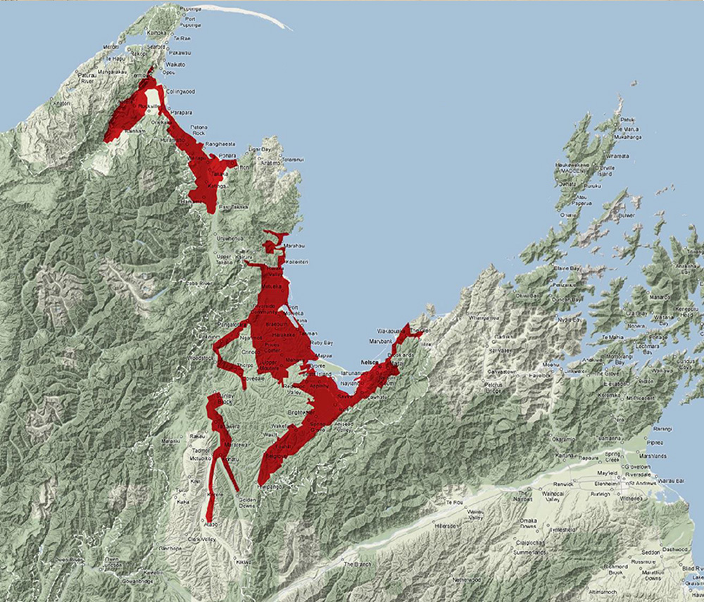 A regional map of Te Tau Ihu/top of the South Island which is an interpretation of early boundaries of the Nelson Tenths and occupation lands. The red section in Mōhua (Golden Bay) includes the rural sections. The red section in Nelson/Tasman includes the suburban and town sections. Image / Supplied
