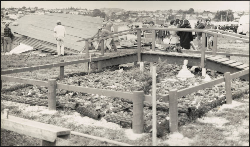 This is a photograph of the memorial to five-year-old Joanne Hawke who tragically died in a tent fire during the occupation in September 1977. Photo / Manukau Library