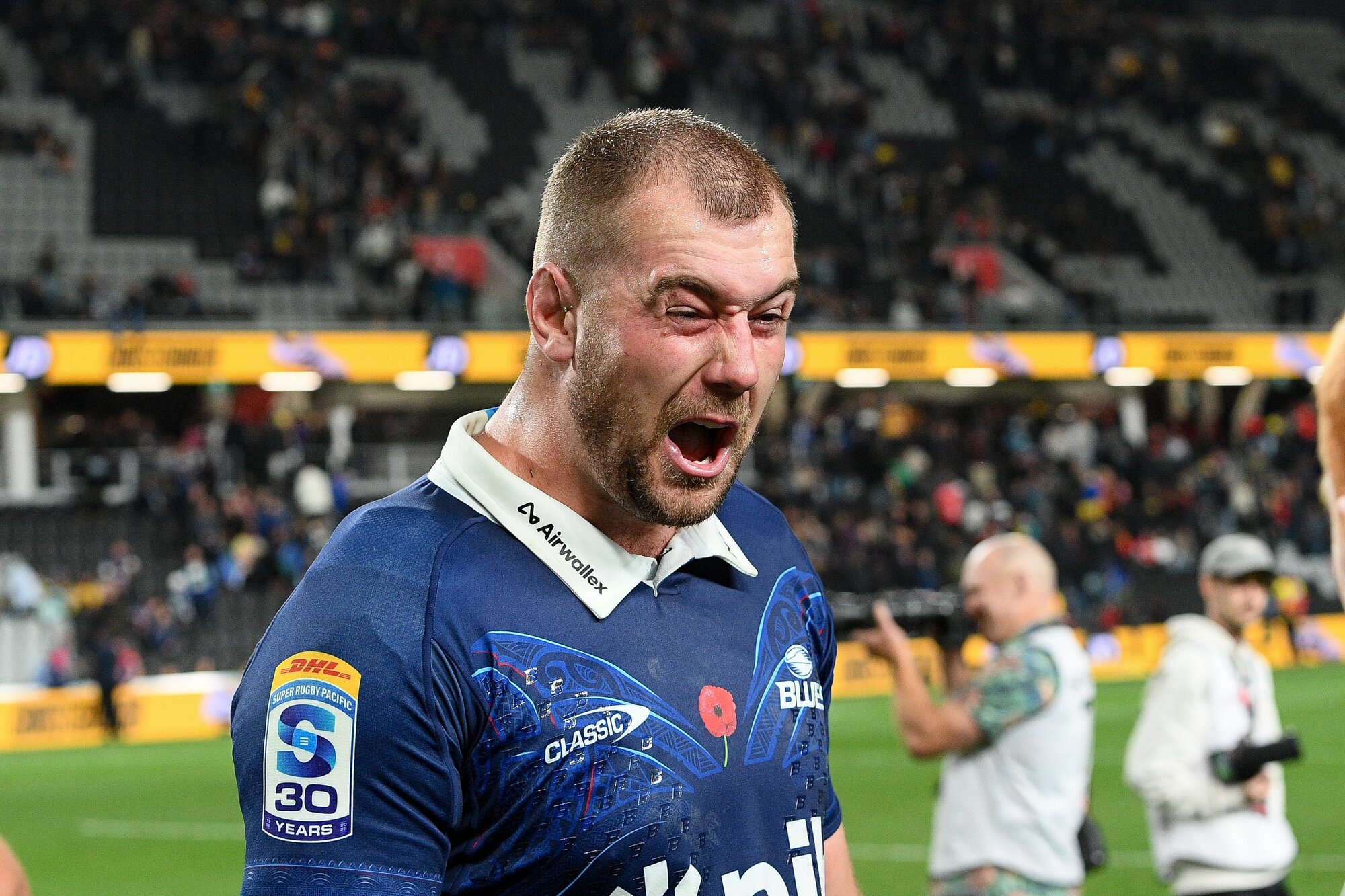 Blues lock Sam Darry celebrates after victory over the Reds in Christchurch. Photo / Photosport