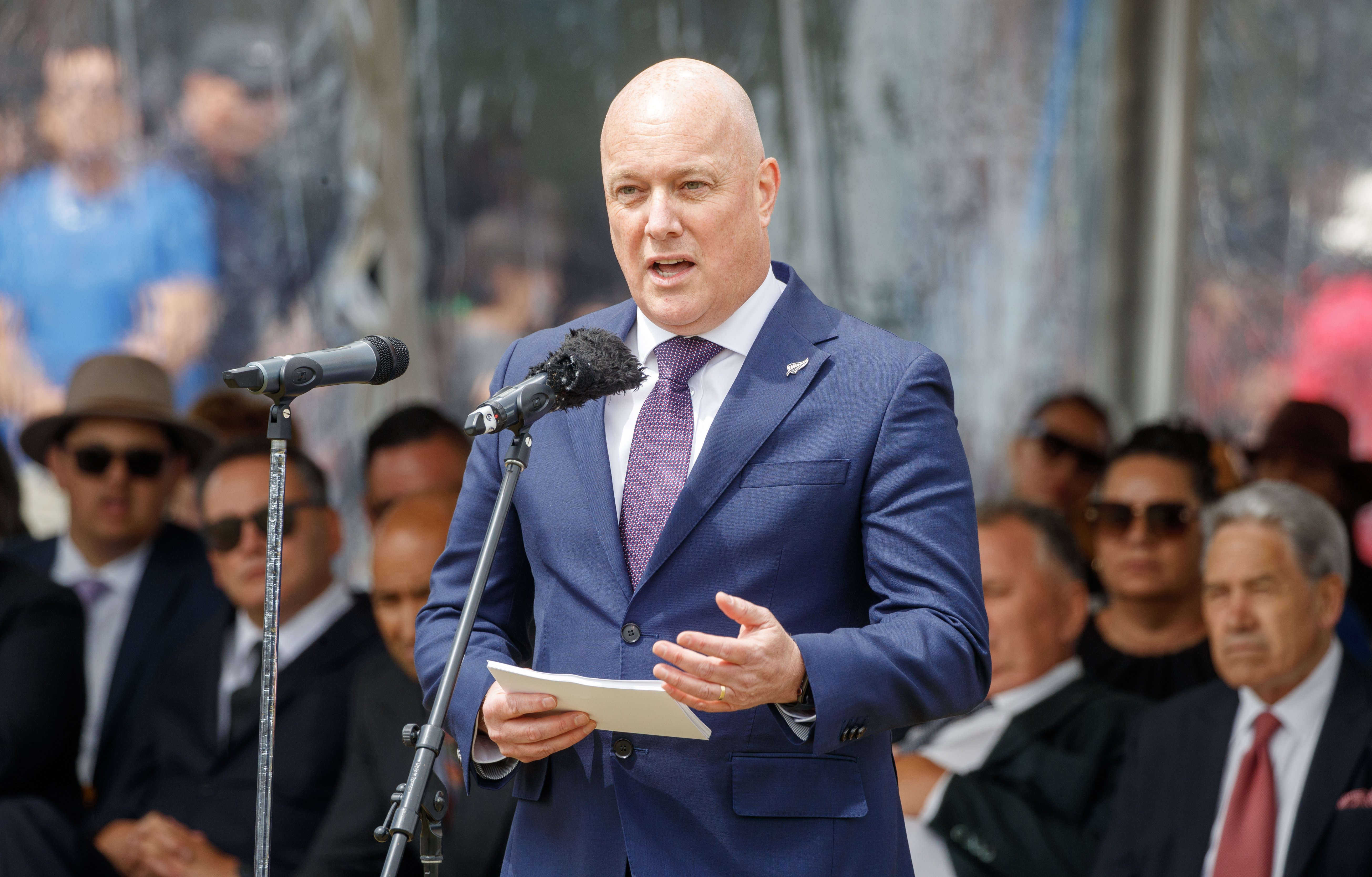 Prime Minister Christopher Luxon during his speech at Rātana Pā on Wednesday. Photo / Mark Mitchell
