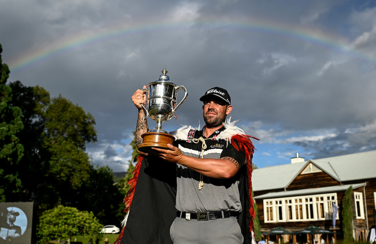 Australia's Ryan Peake celebrates winning the 104th NZ Open golf tournament at Millbrook Resort. Photo / Photosport