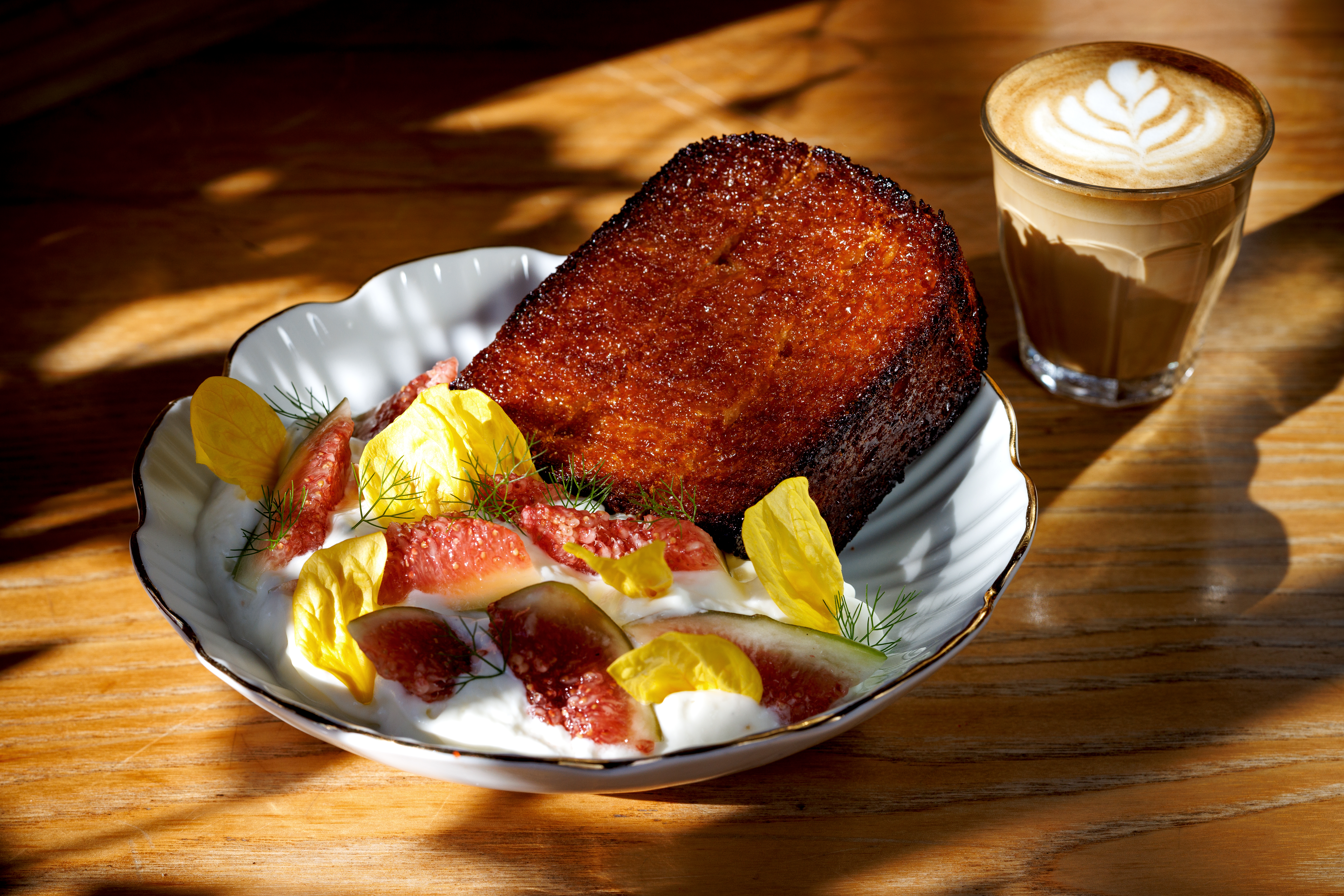 Honey toast with whipped yoghurt and nectarines at Rhu. Photograph by Babiche Martens.