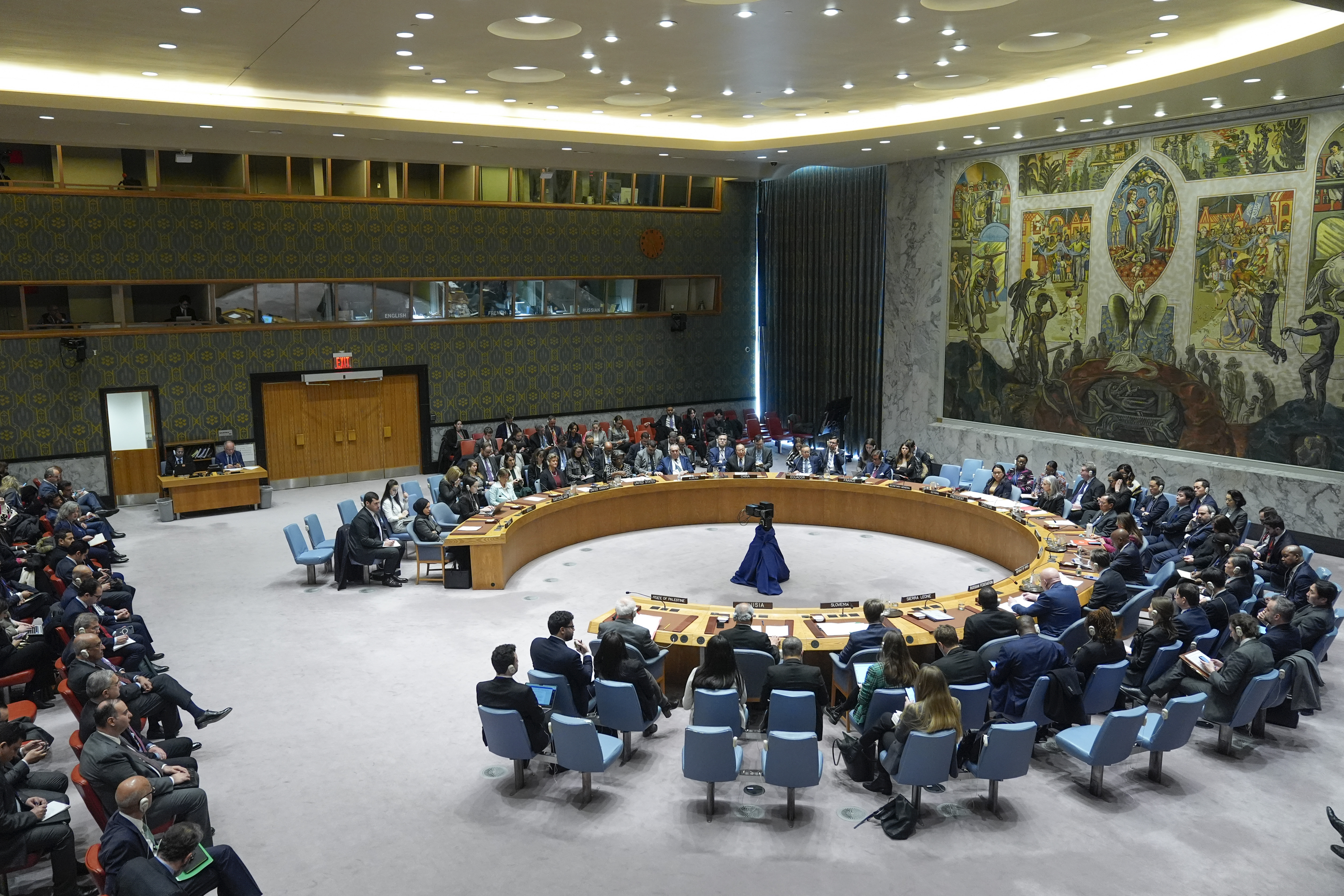 The Security Council meets before voting on a resolution concerning a ceasefire in Gaza at United Nations headquarters. Photo / AP