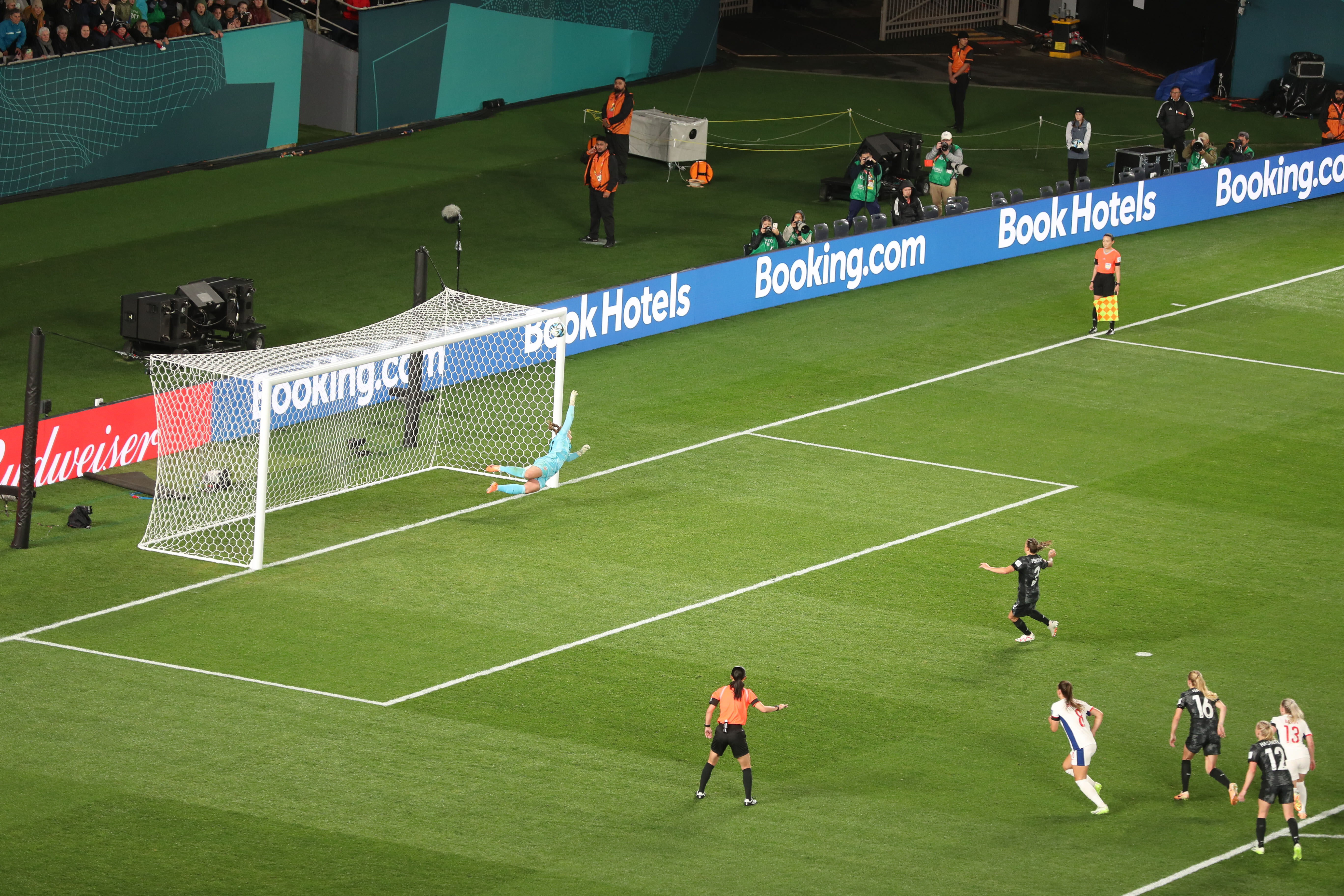 Ria Percival hits the crossbar with her attempt from the penalty spot. Photo / Michael Craig
