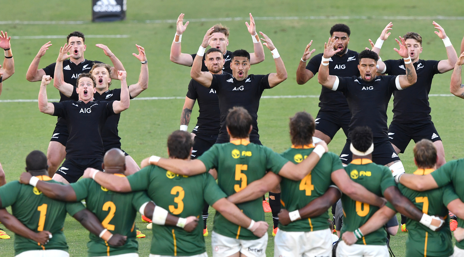 The All Blacks perform the haka ahead of their match against South Africa, in Townsville. Photo / Photosport