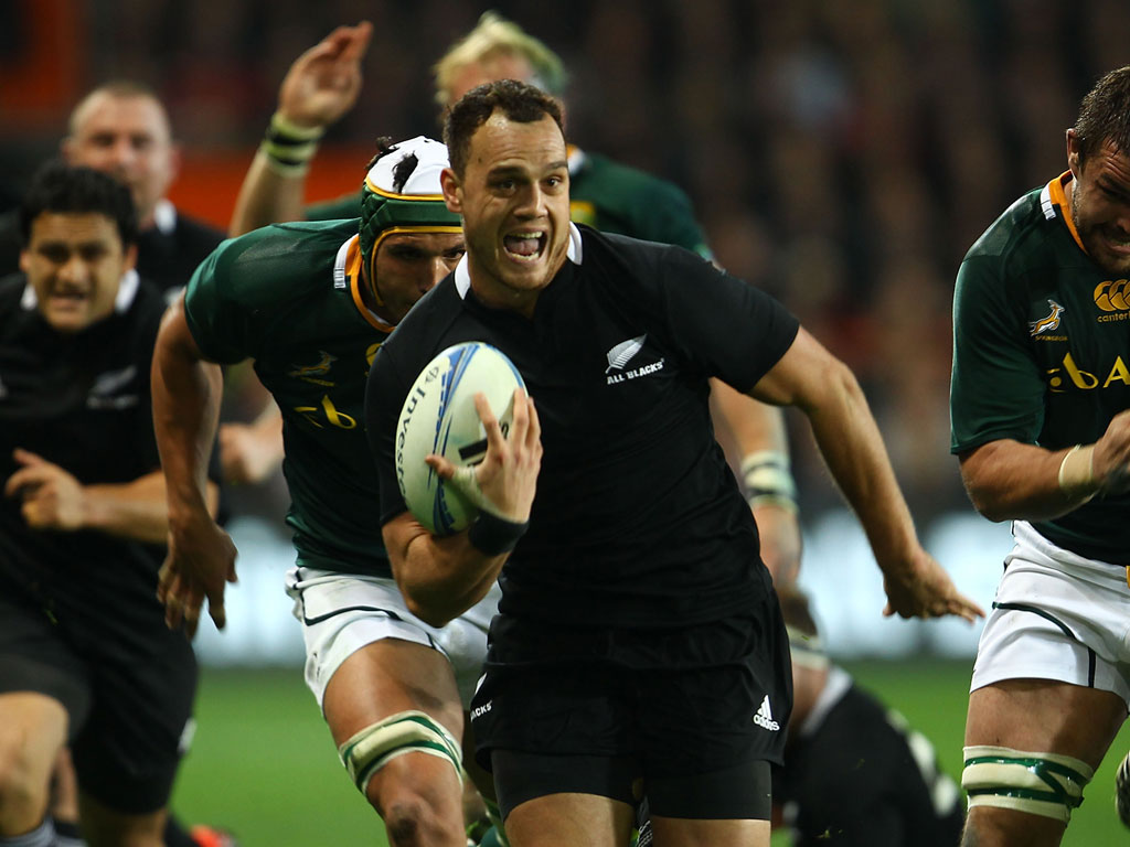  Israel Dagg of New Zealand makes a break during the Rugby Championship match between the New Zealand All Blacks and South Africa at Forsyth Barr Stadium. Photo / Getty Images.