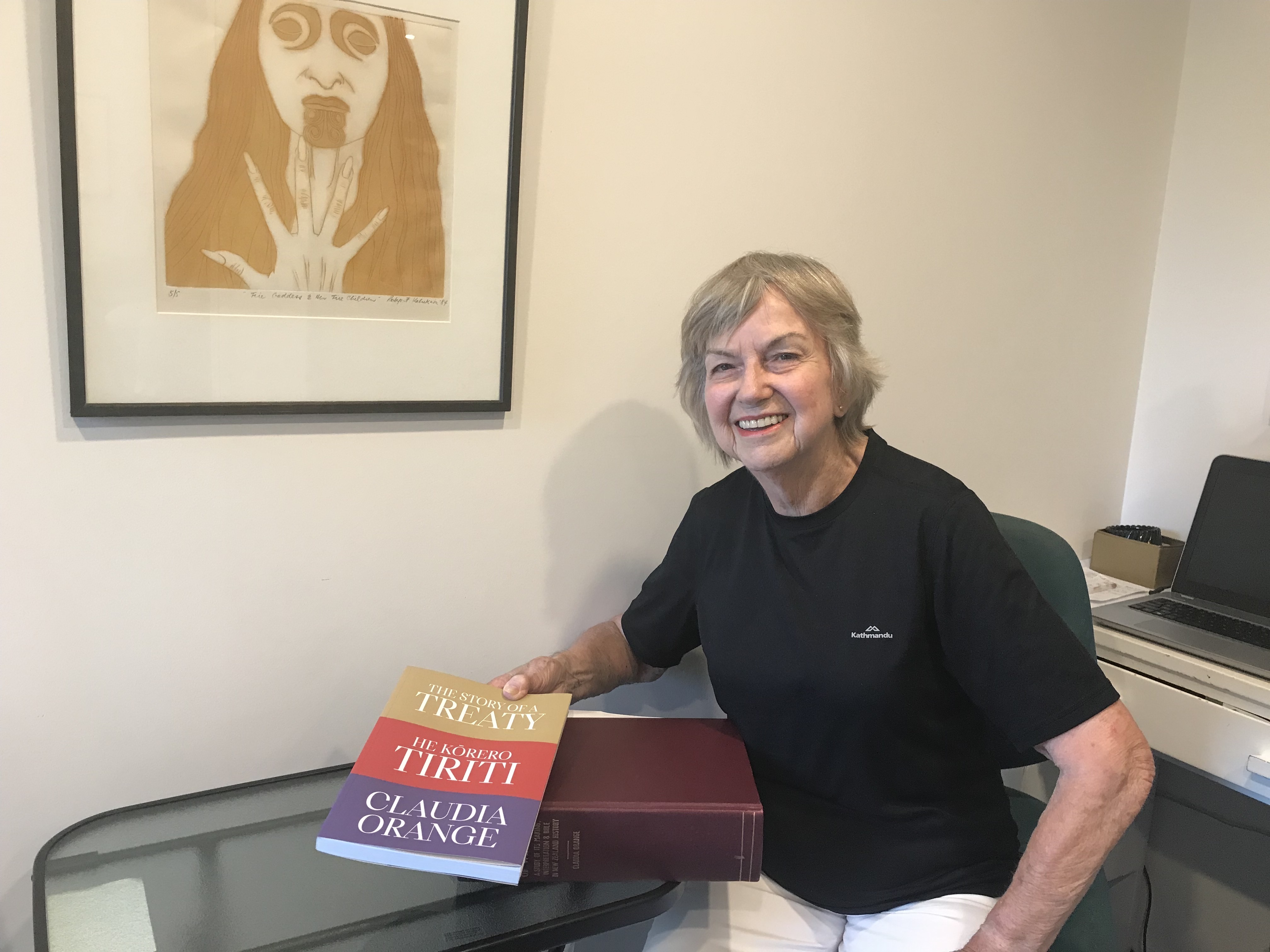 Dame Claudia Orange at home in Auckland with her new book on the Treaty of Waitangi and her old PhD thesis. Photo / Audrey Young 
