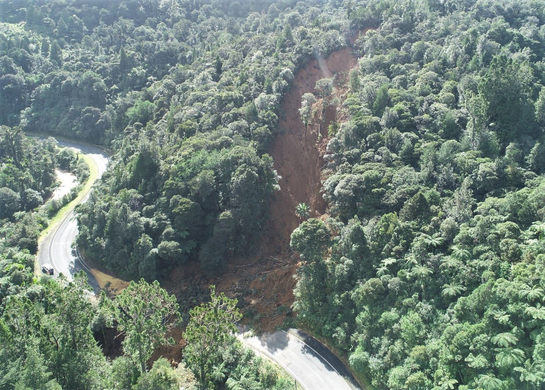 Aerial view of one of the 26 slips that hit the Mangamuka Gorge in August 2022. Photo / Waka Kotahi
