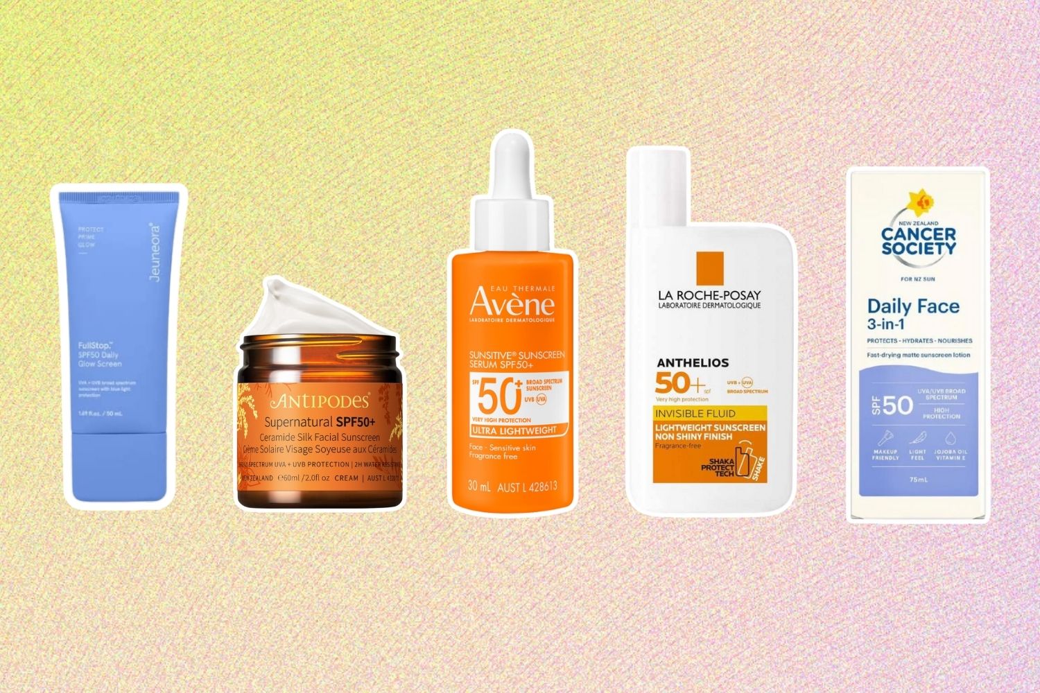 From left: Jeuneora FullStop SPF50+; Antipodes Supernatural SPF50+ Ceramide Silk Facial Sunscreen; Avene Sunsitive SPF50 range; La Roche-Posay Anthelios Invisible Fluid SPF50+; Cancer Society Daily Face 3-in-1 SPF50.