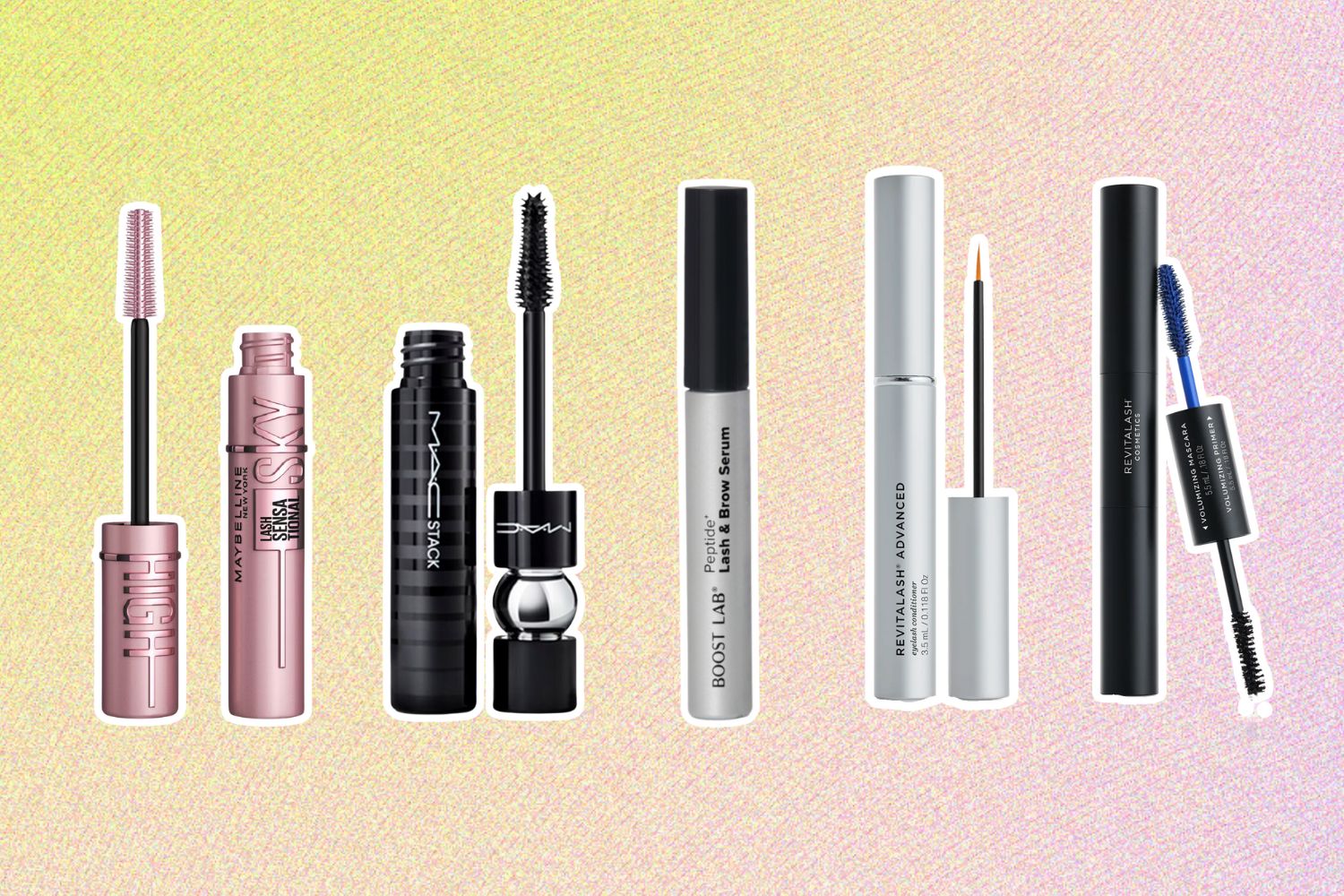 From left: Maybelline Lash Sensational Sky High Mascara; M.A.C Cosmetics MACstack Mascara; Boost Lab Peptide+ Lash & Brow Serum; RevitaLash Advanced Lash Conditioner; RevitaLash Cosmetics Double Ended Volume Set Primer & Mascara.