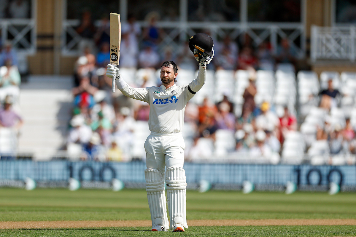 Devon Conway celebrates his century on day one of the third test between the Black Caps and England. Photo / Photosport