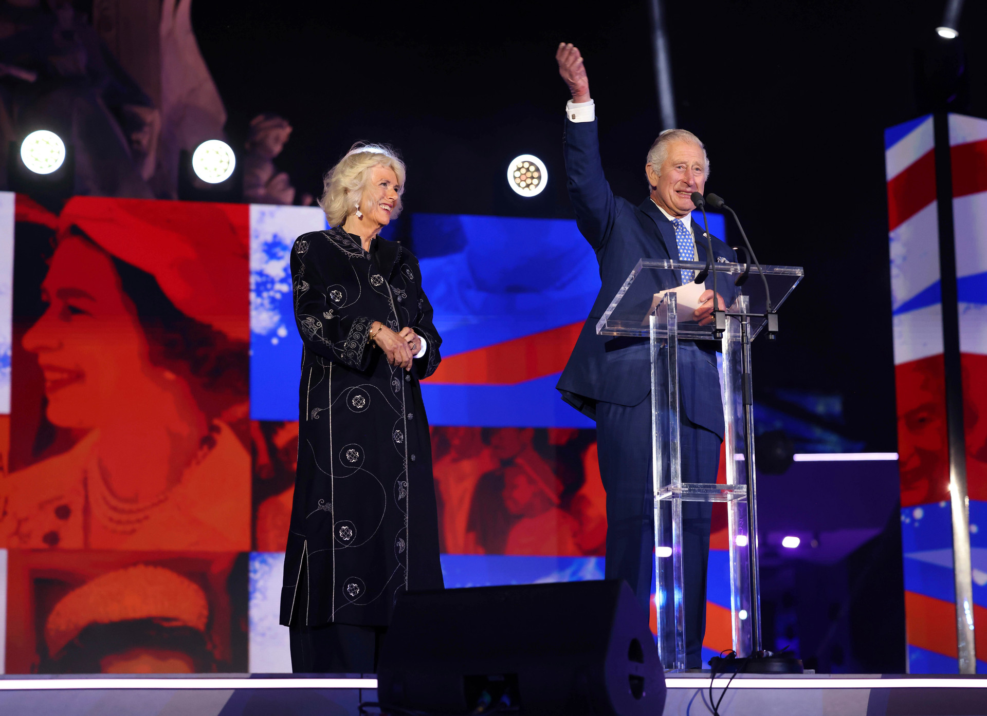 Prince Charles accompanied by Camilla, Duchess of Cornwall, speaks on the stage during the Platinum Jubilee concert in London. Photo / AP