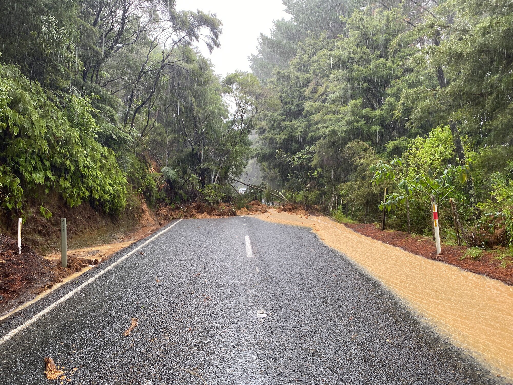 Russell Road in Mōkau was closed with slips and flooding. Photo / Denise Piper 
