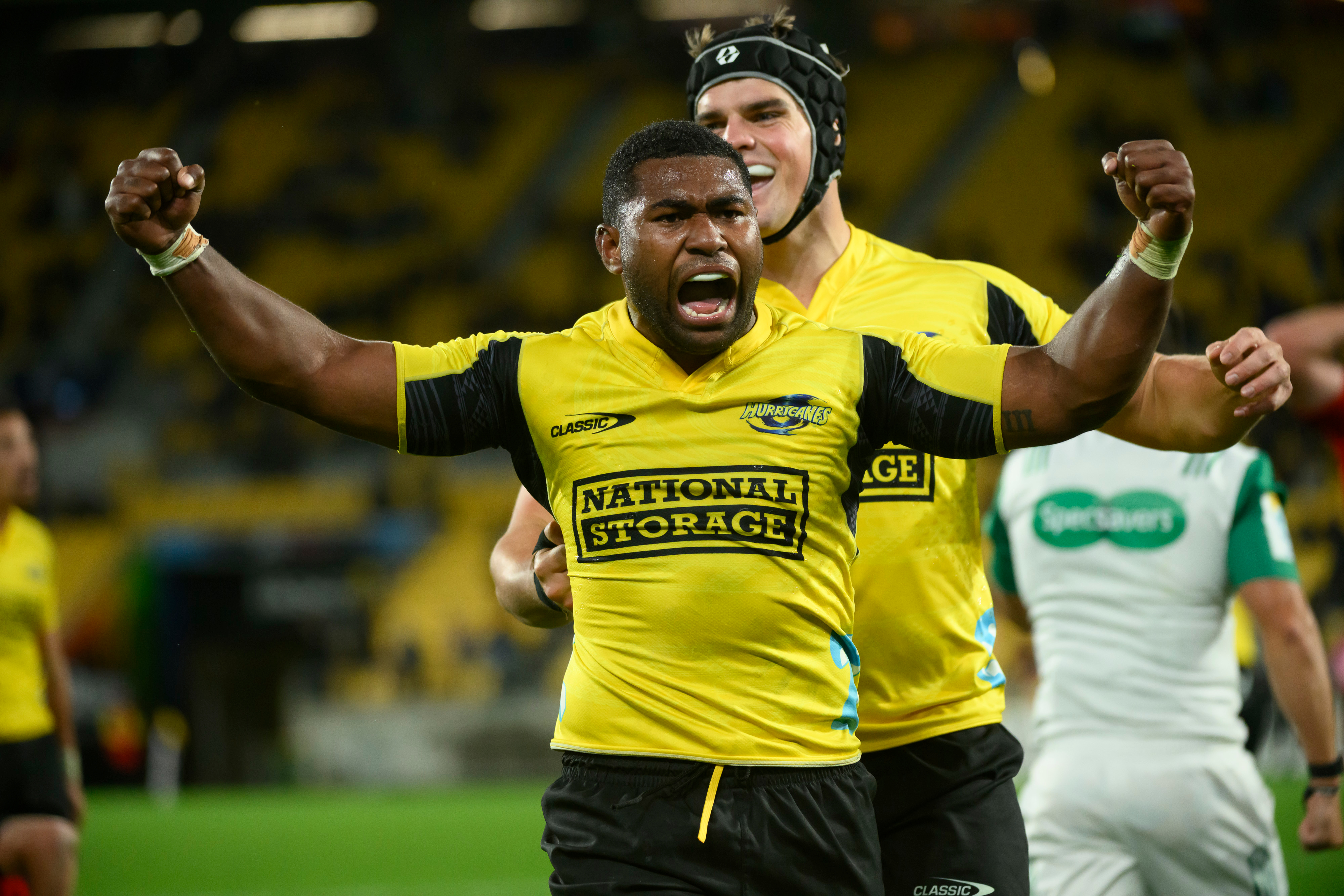 Kini Naholo celebrates his try against the Chiefs. Photo / Photosport