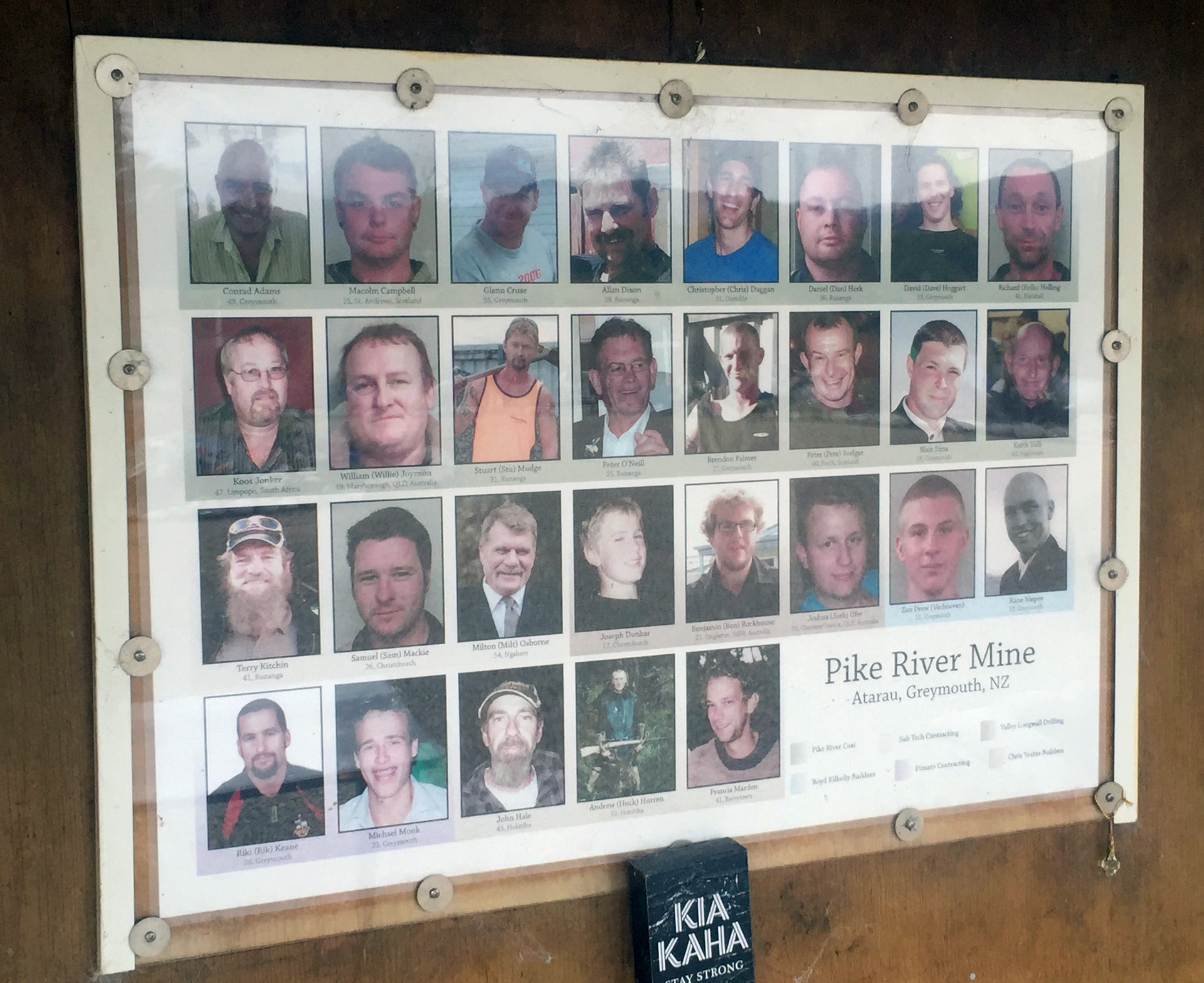 Memorial board to the 29 miners who died in the Pike River mine disaster in 2011. Photo / Kurt Bayer