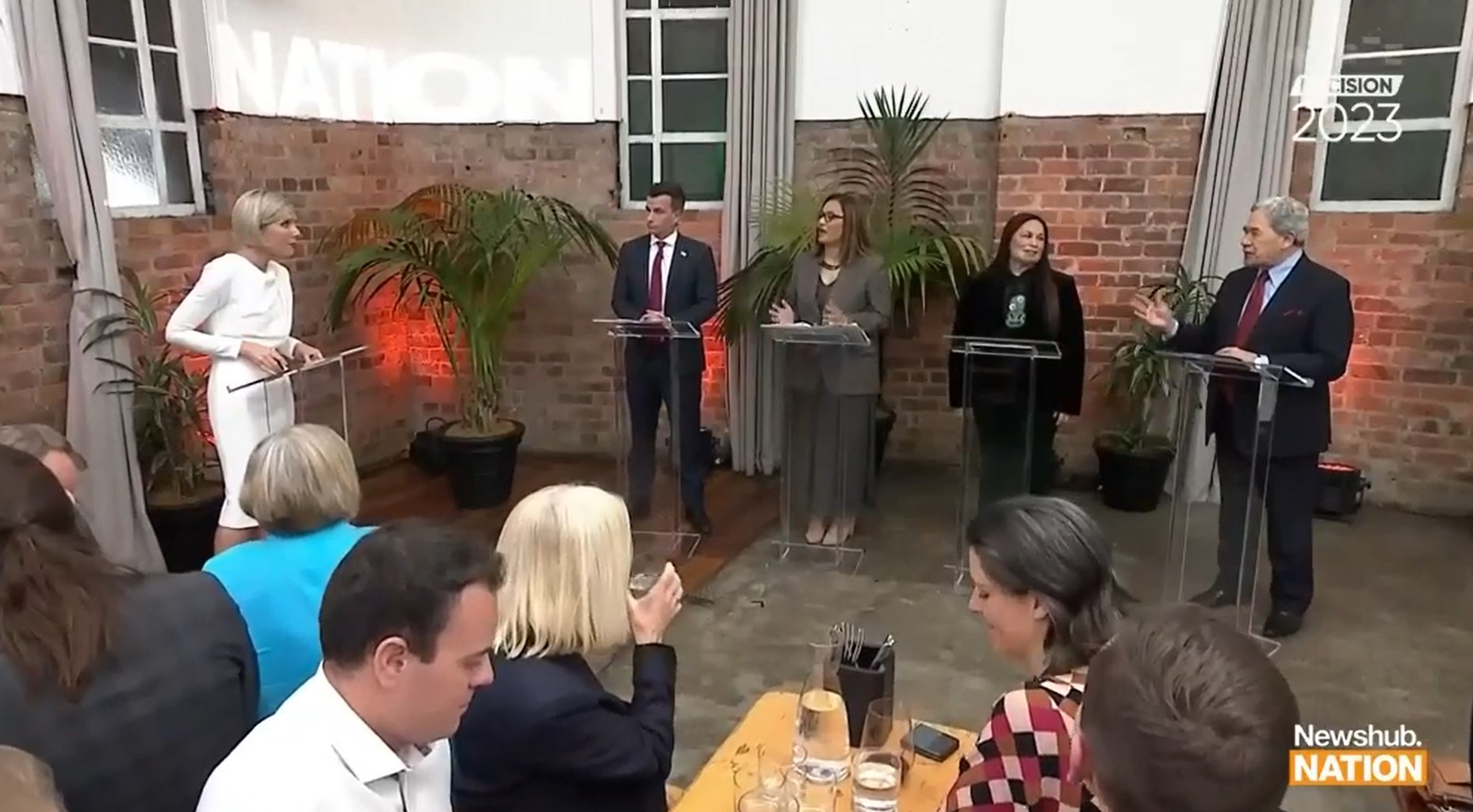 Rebecca Wright was wrangling the minor parties' debate featuring David Seymour, Marama Davidson, Debbie Ngarewa-Packer and Winston Peters. Photo / Three