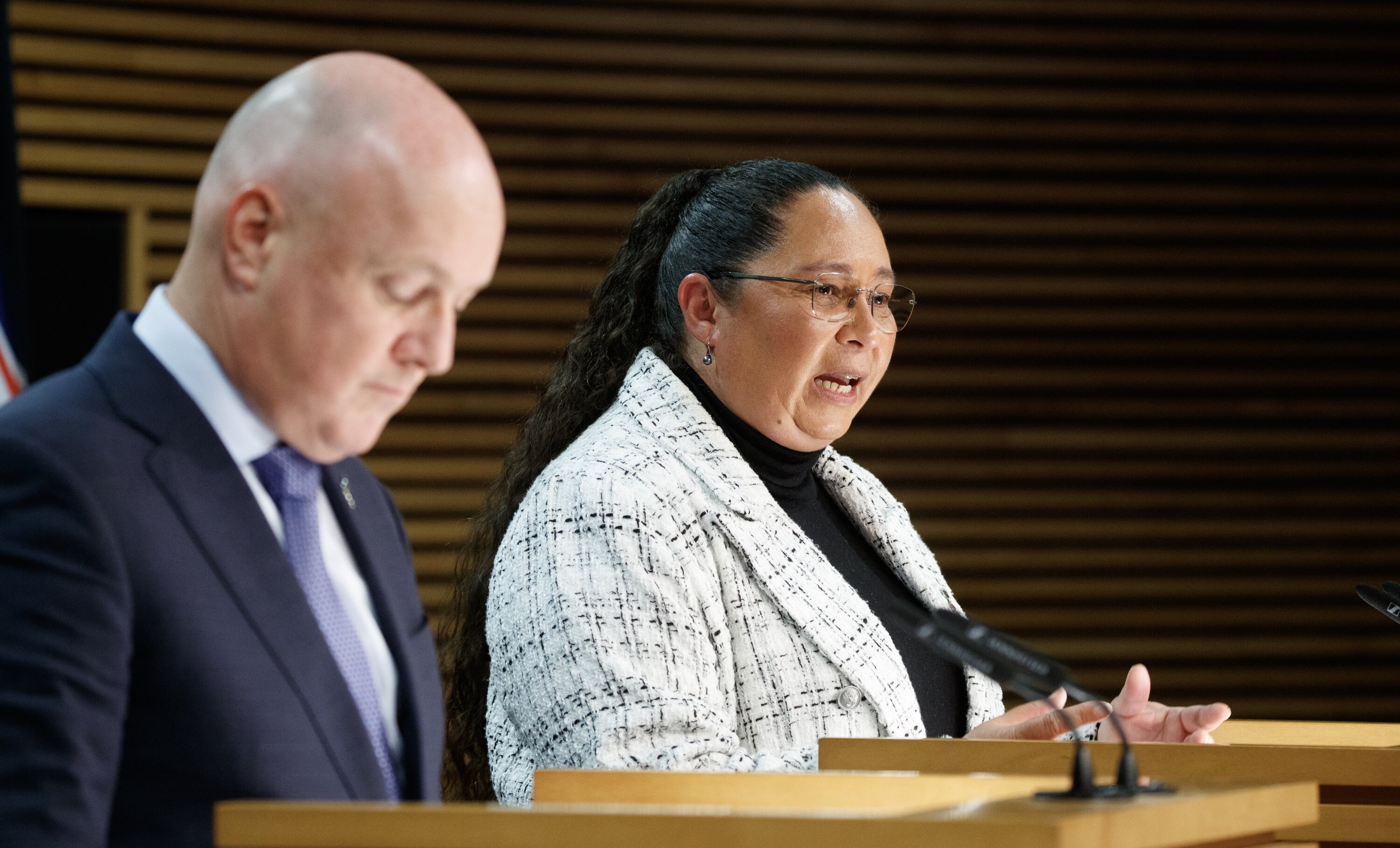 Prime Minister Christopher Luxon and Associate Justice Minister Nicole McKee unveil the Government's revised Three Strikes legislation.  Photo / Mark Mitchell  