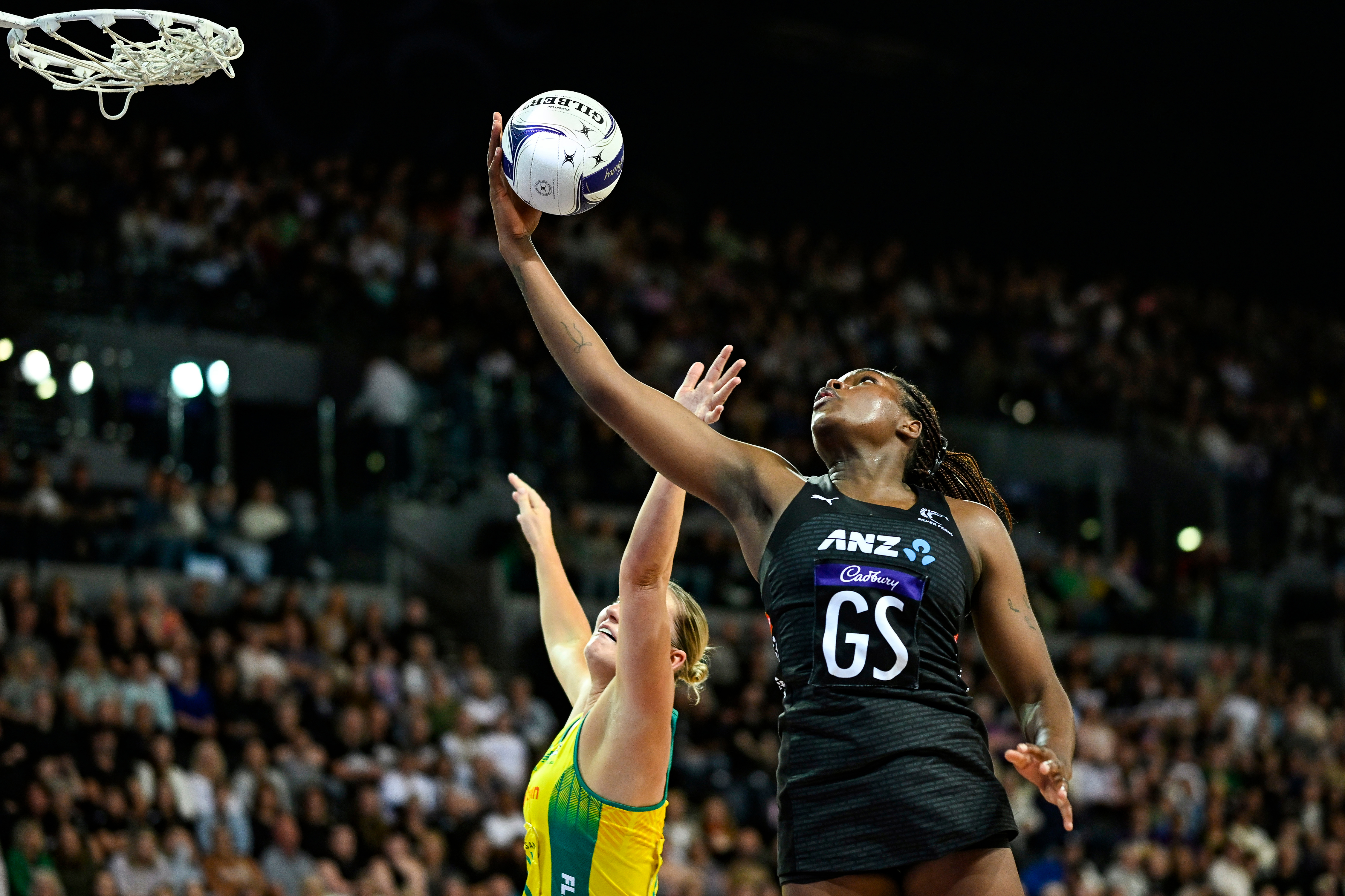 Grace Nweke competes against the Australian Diamonds in the Constellation Cup netball match at Spark Arena on October 23. Photo / Photosport