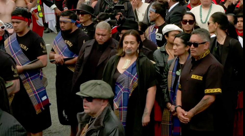 The Māori Queen, Ngā Wai Hono i te Pō in the hīkoi to Parliament. Hīkoi mō te Tiriti started at Te Rerenga Wairua last Monday and will finish in Wellington today. Photo / NZ Herald