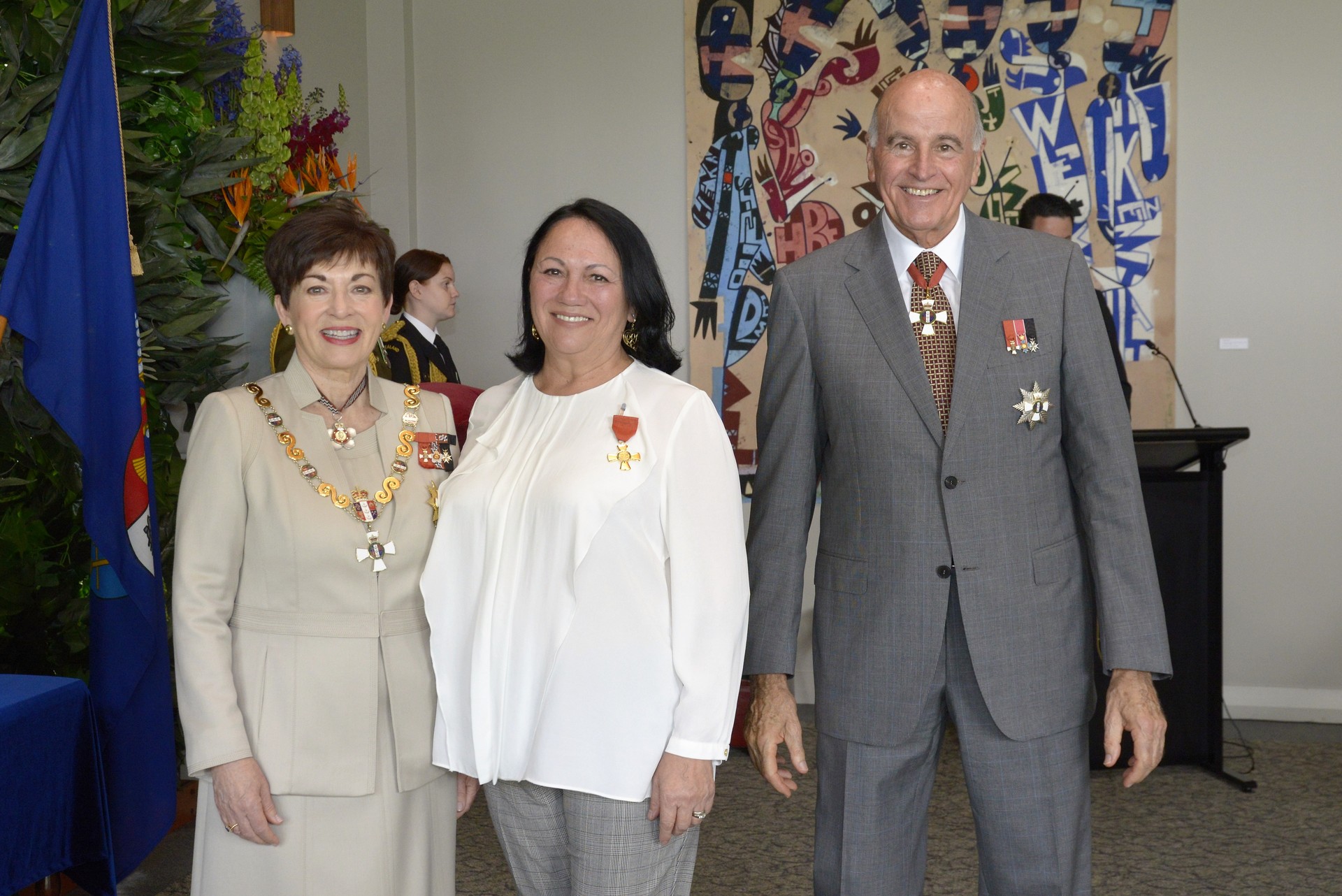 Rhonda Kite receiving her ONZM from former Governor-General Dame Patsy Reddy and husband Sir David Gascoigne in 2018. Photo / NZME