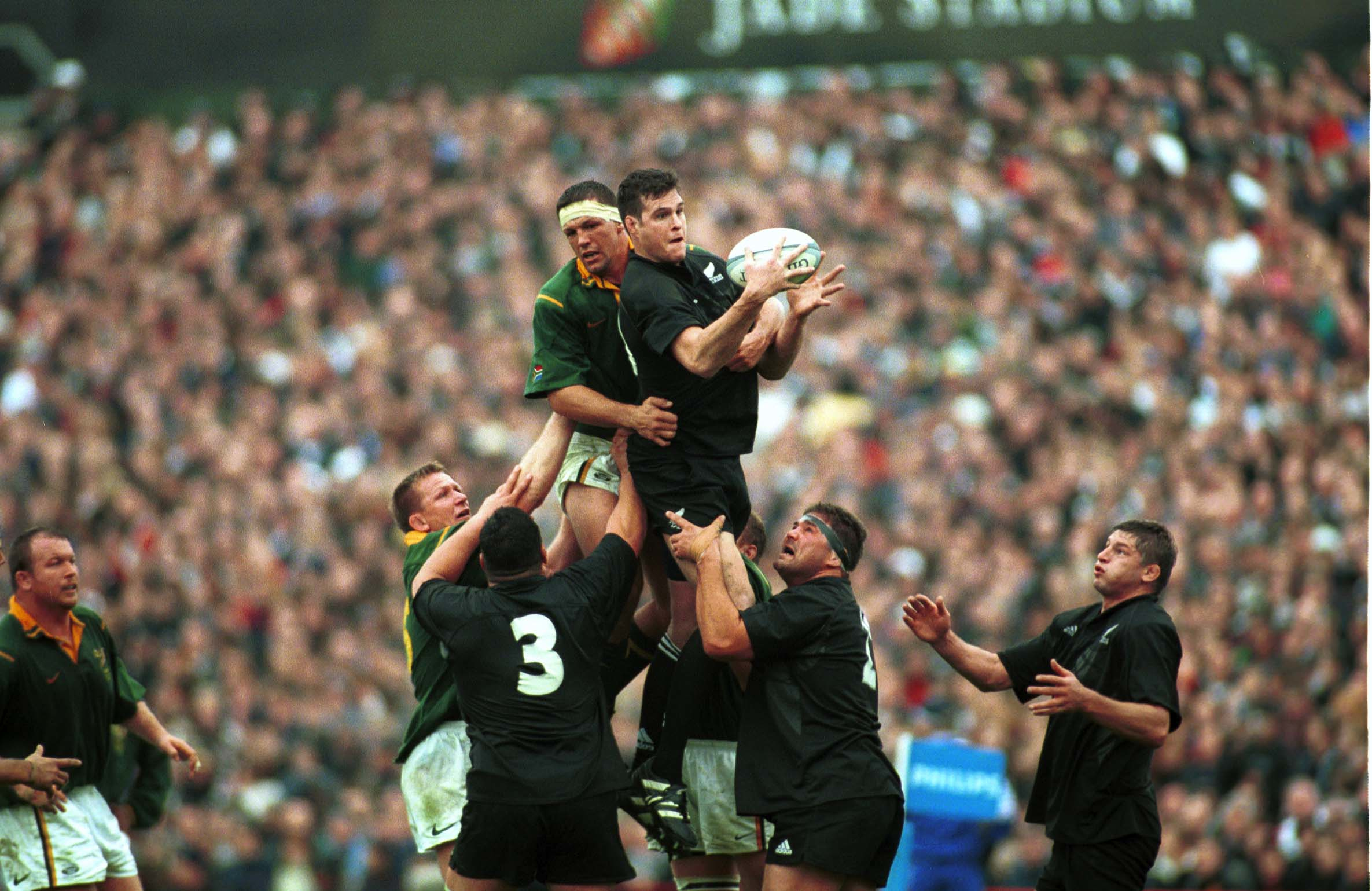 Norm Maxwell wins the lineout against South Africa at Jade Stadium in 2000. Photo / Photosport