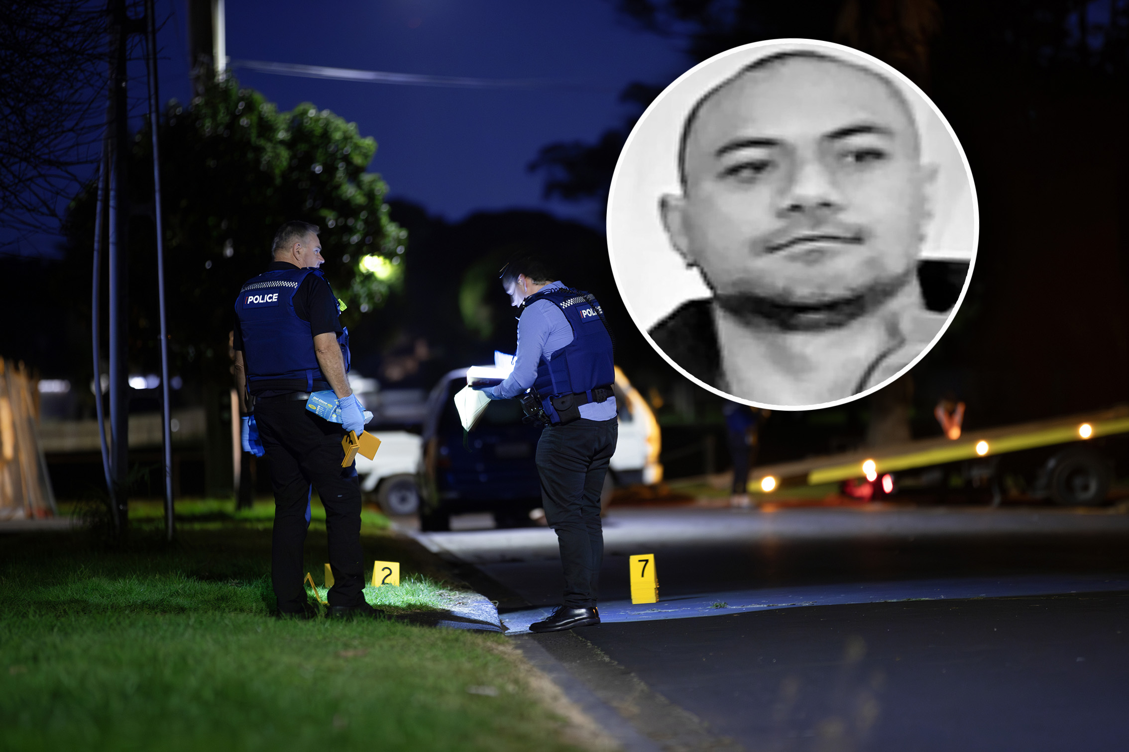 Police investigate the scene at Taurima Reserve where Charles Pongi (inset) was shot and fatally wounded in broad daylight on Saturday last week. Photo / Hayden Woodward