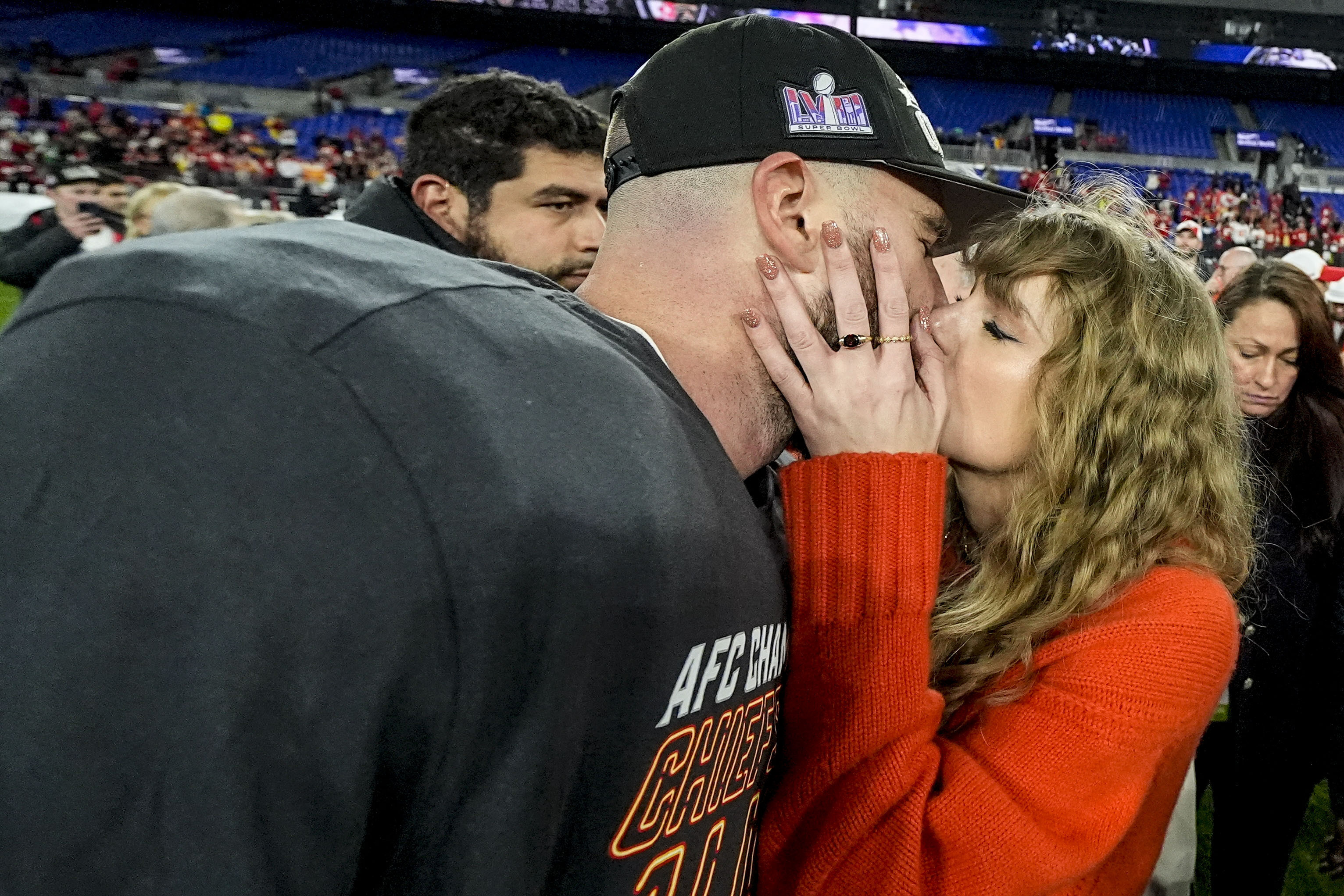 Taylor Swift kisses Kansas City Chiefs tight end Travis Kelce after an AFC Championship NFL football game against the Baltimore Ravens, Sunday, Jan. 28, 2024, in Baltimore. The Kansas City Chiefs won 17-10. Photo / AP