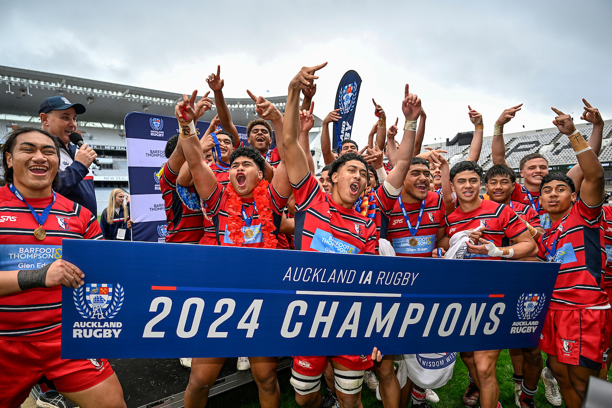 Kelston Boys' High School 1st XV team celebrate winning the Auckland 1A final. Photo / Photosport