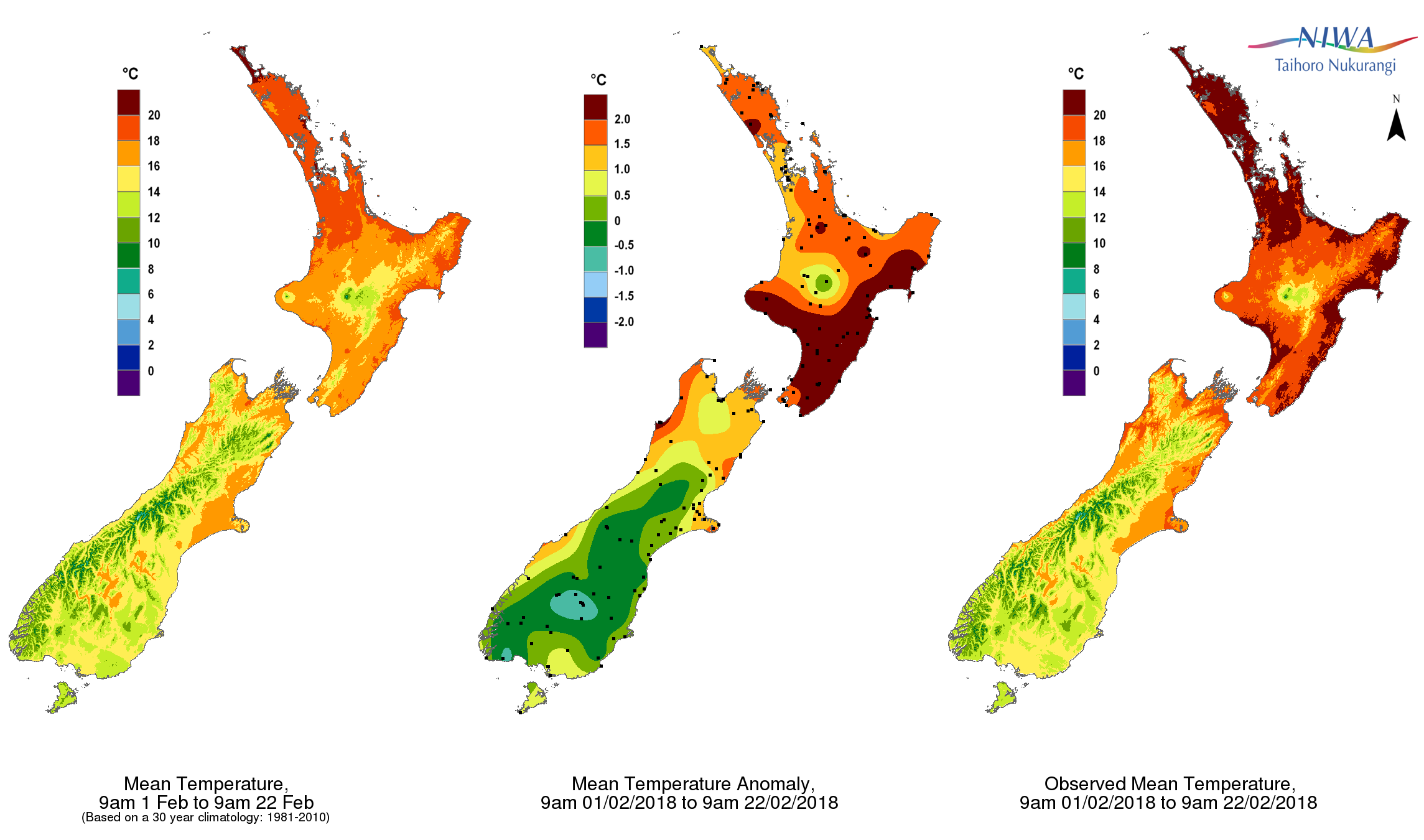Temperature anomalies over the month to date. Image / Niwa