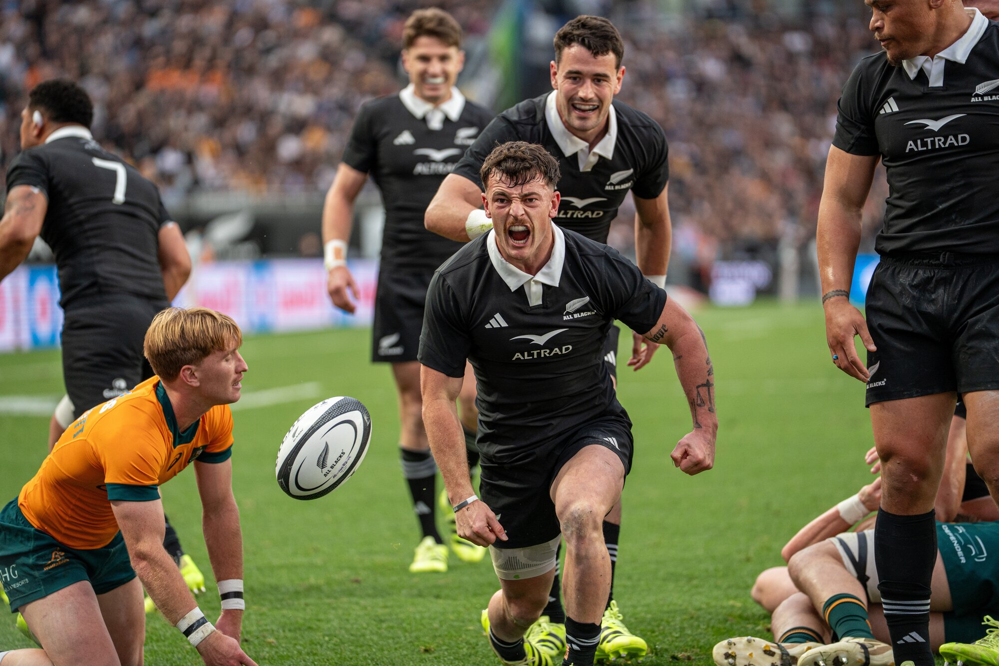 Leroy Carter celebrates scoring against the Wallabies, at Eden Park Photo / Alyse Wright
