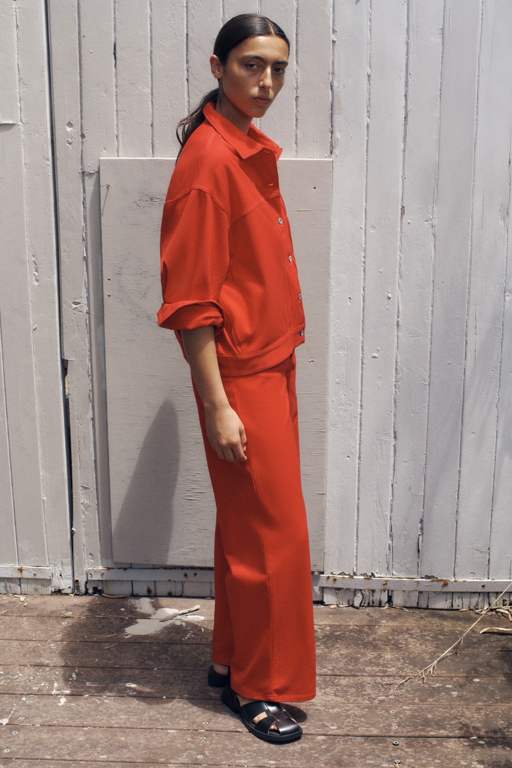 A custom red denim set from Kowtow's new collection designed by Dayne Johnston. Photo / James Tolich