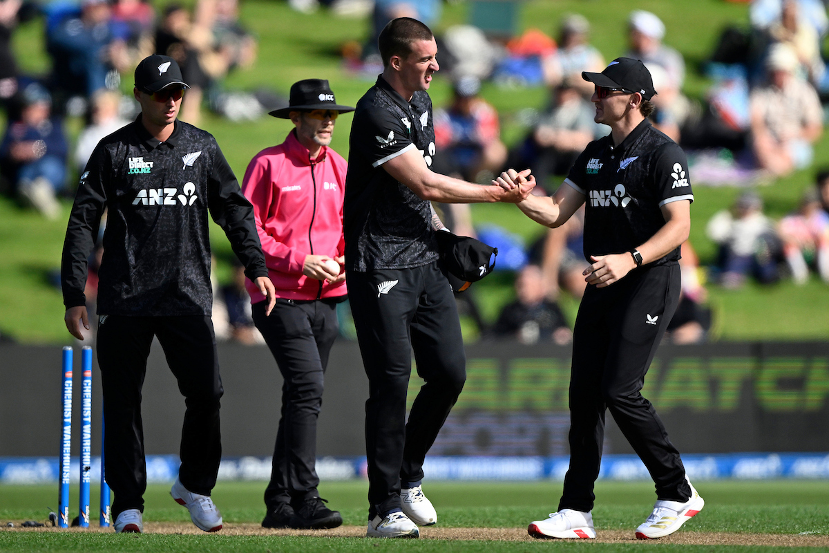 The Black Caps celebrate a Blair Tickner wicket against England. Photo / Photosport
