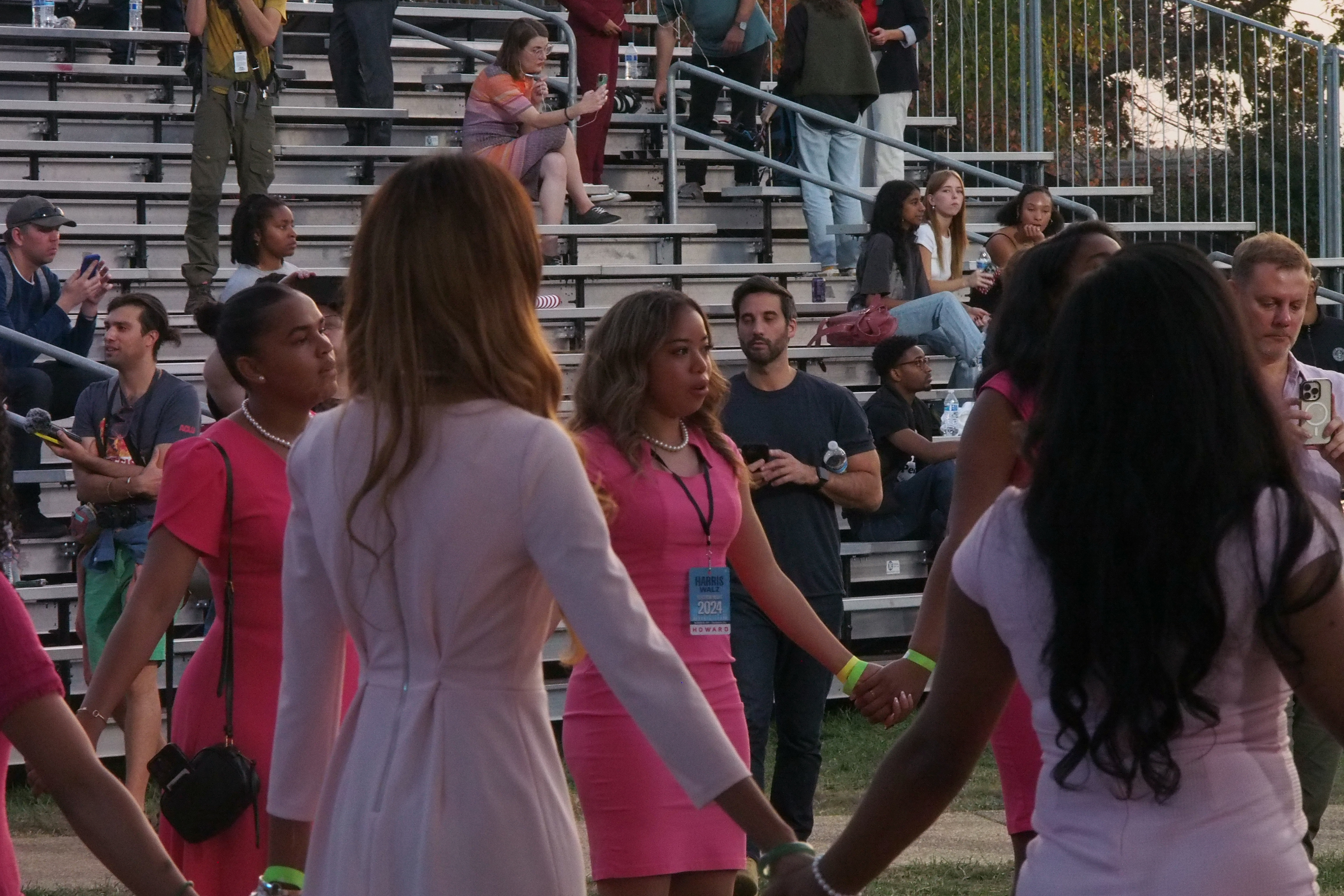 Members of Harris' sorority sing at Howard University following her concession. Photo / Thomas Coughlan