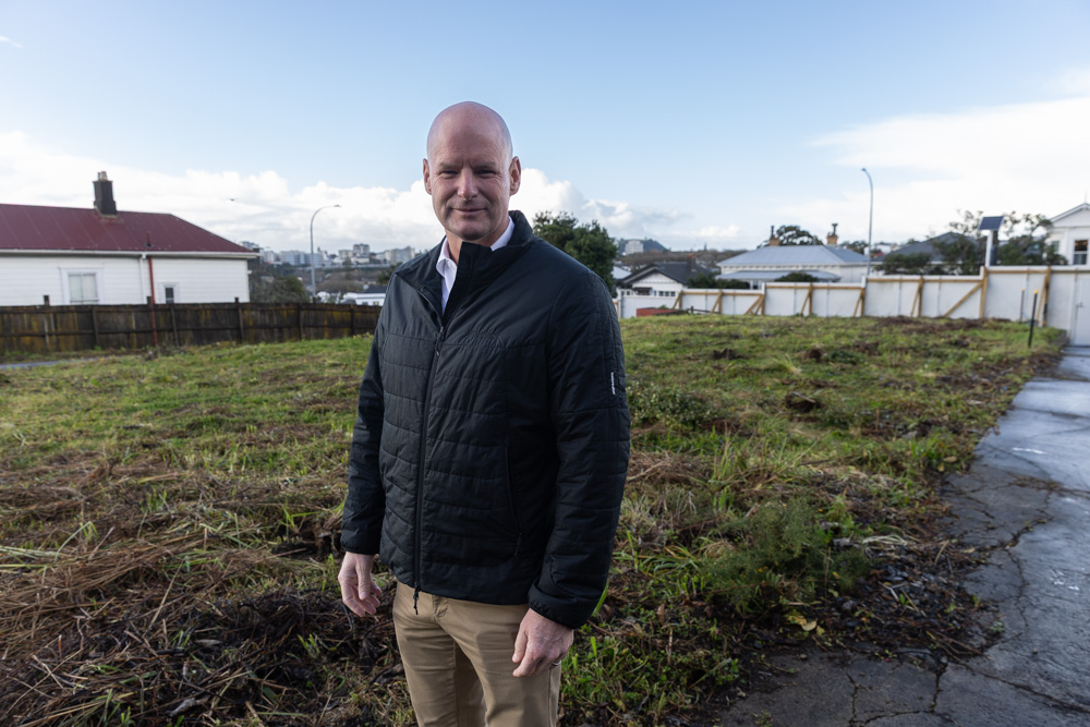Scott Pritchard, CEO of Precinct Properties, announcing a new apartment development, Pillars, St Mary’s Bay, on Saturday. Photo / Jason Dorday
