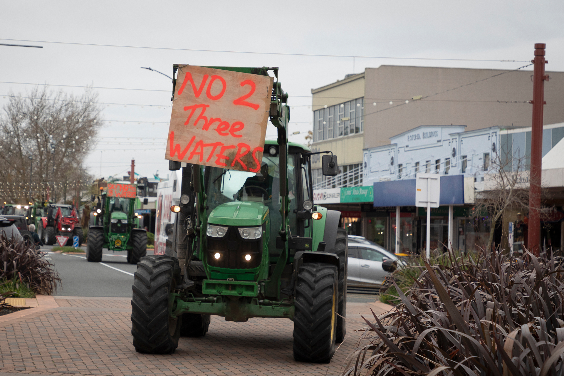 Tractors were part of a Three Waters protest in Rotorua on Wednesday. Photo / Andrew Warner