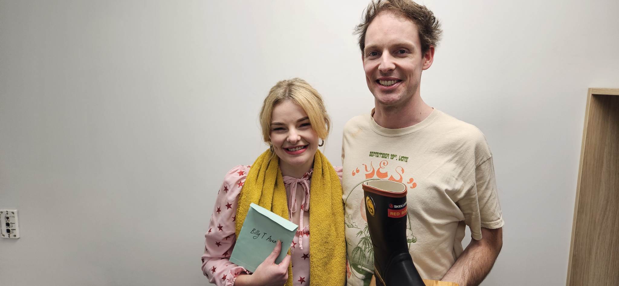 2023 Billy T winner Abby Howells and Fred winner Guy Montgomery. Photo / NZ Herald